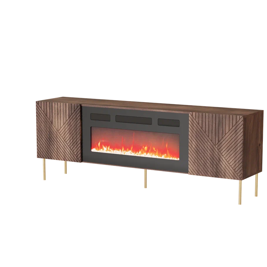 Meuble TV 2 portes noyer pied en métal et cheminée intégrée Deco 191x68 cm