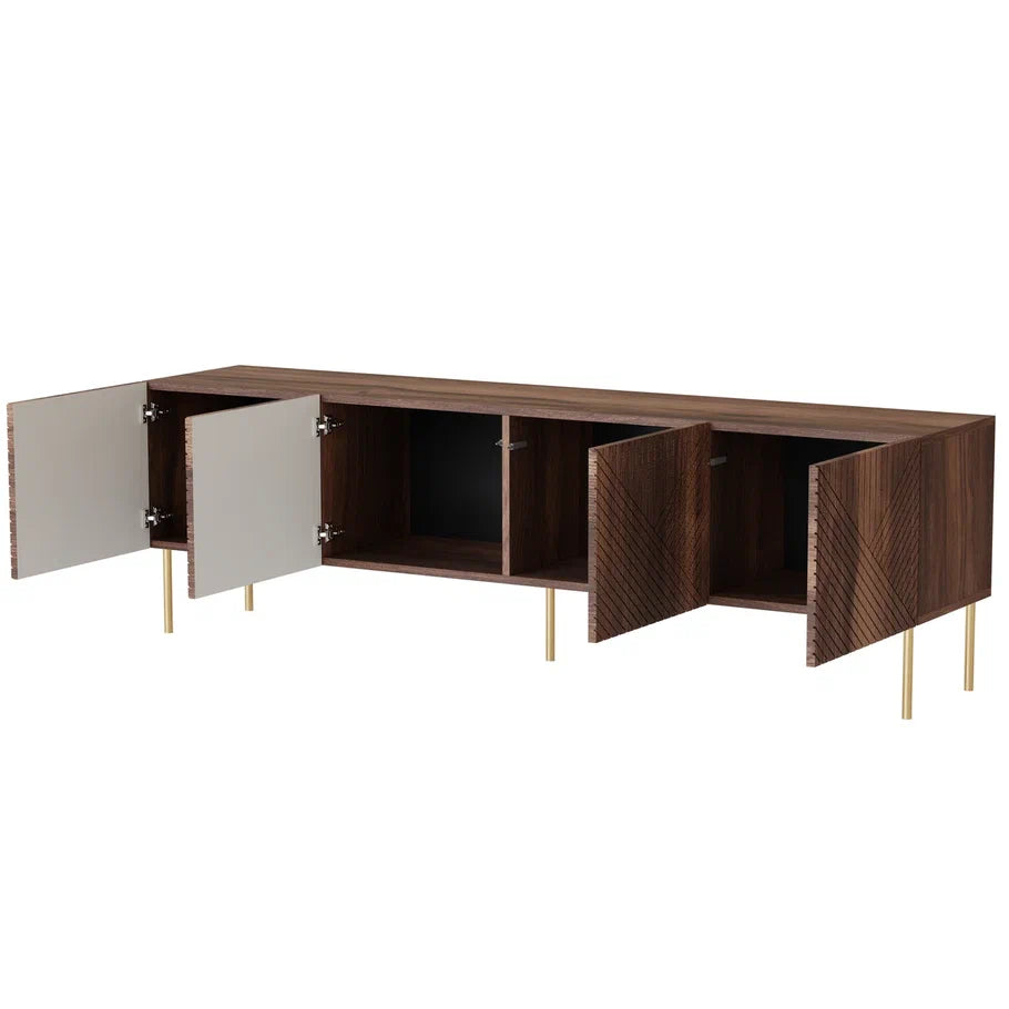 Meuble TV 4 portes noyer avec pied en métal Deco 191x58 cm