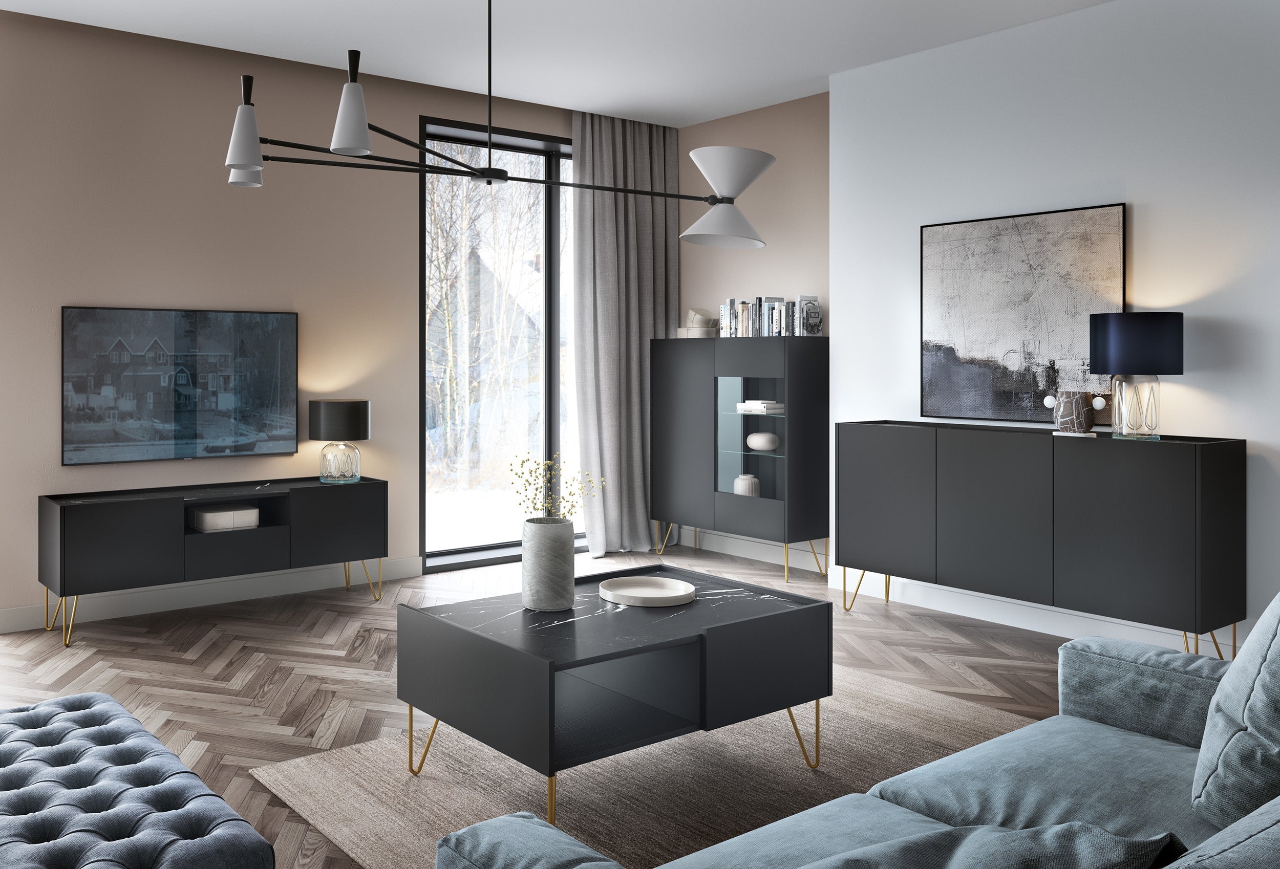 Meuble TV 2 portes 1 tiroir avec plateau effet marbre Margo 144x55 cm