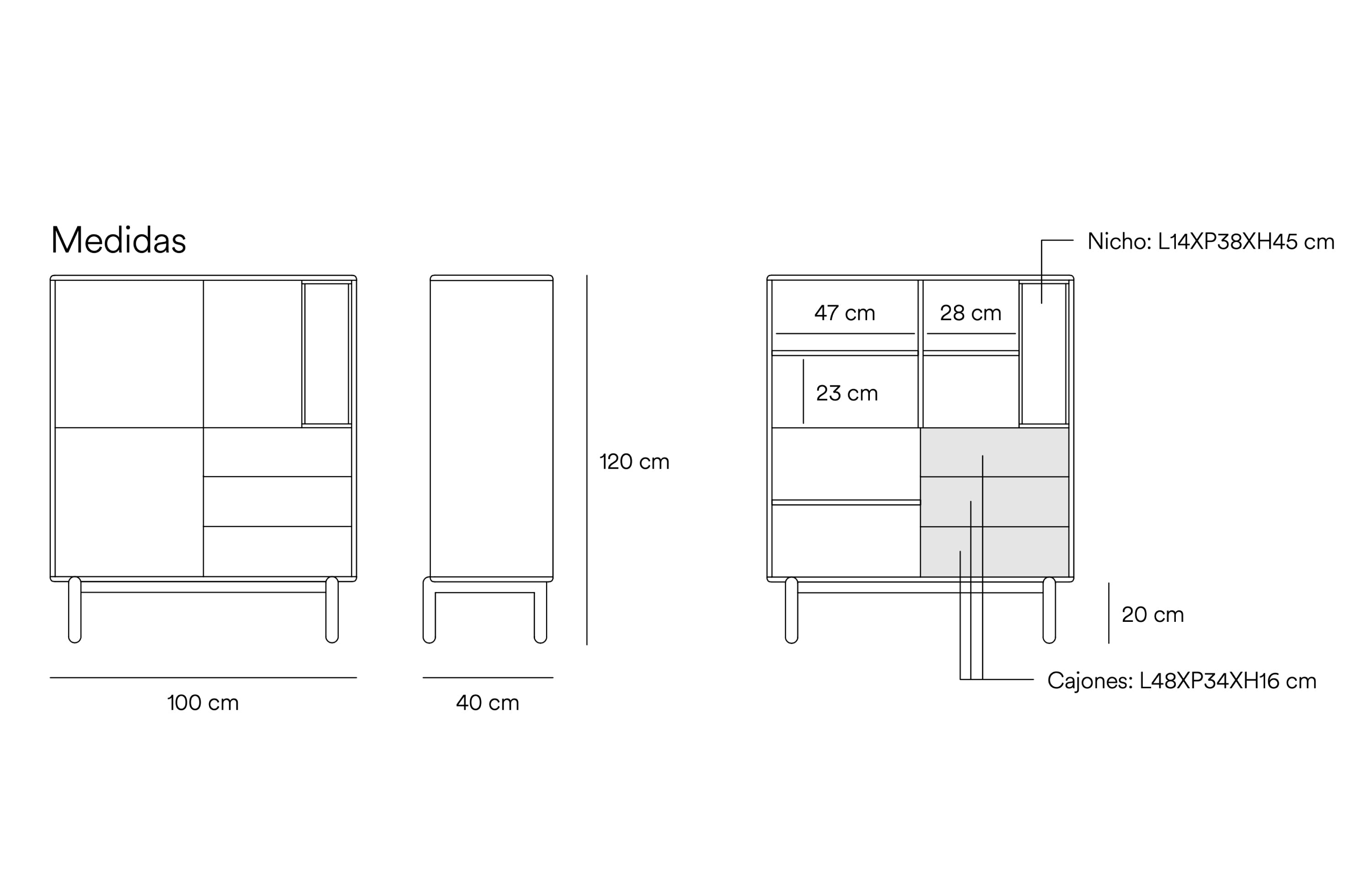 Buffet 3 portes 3 tiroirs 100x120 cm Corvo de Teulat gris perle