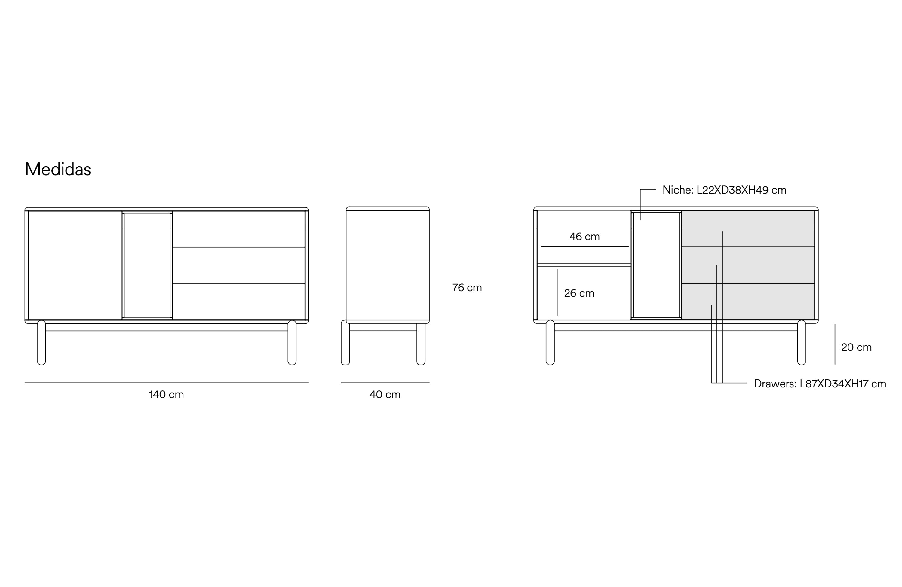 Buffet 3 tiroirs 1 porte 140x40 cm Corvo de Teulat en bois massif laqué gris perle