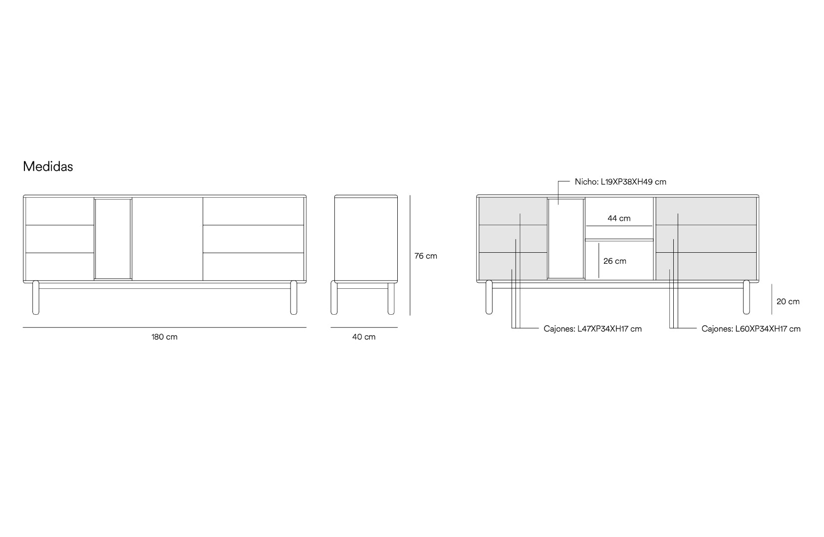 Buffet 6 tiroirs 1 porte 180x40 cm Corvo de Teulat crème