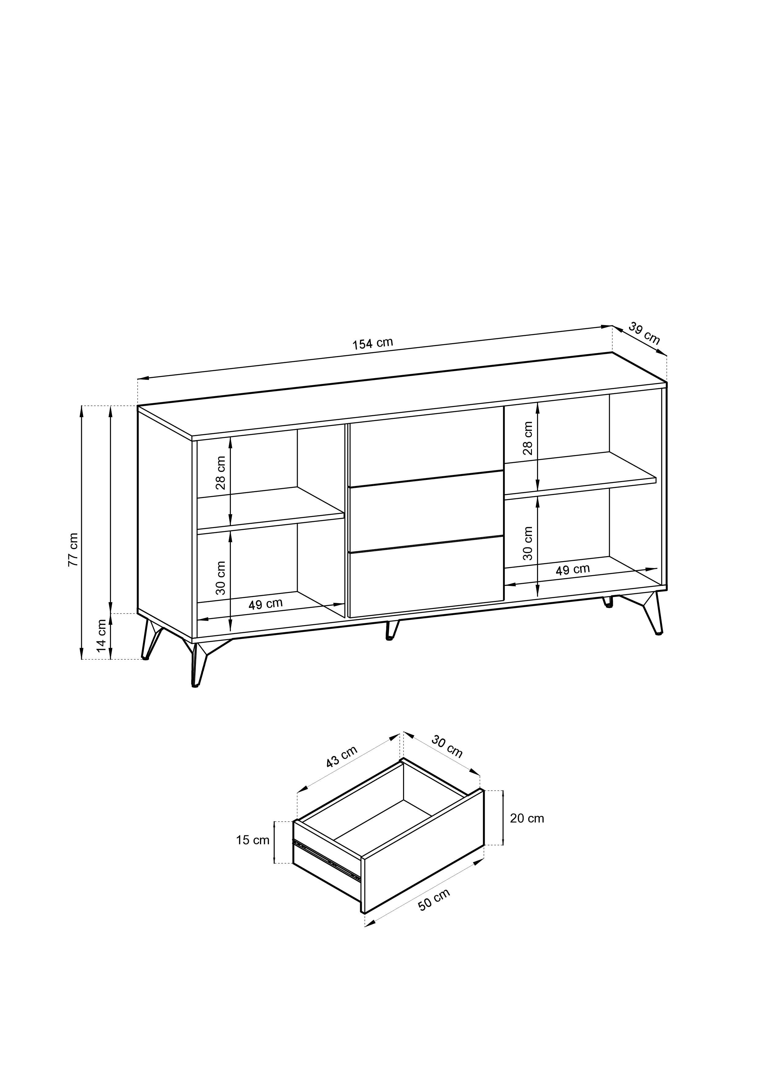 Buffet 2 portes 3 tiroirs en bois laminé avec pieds en métal Evoke 154x77 cm