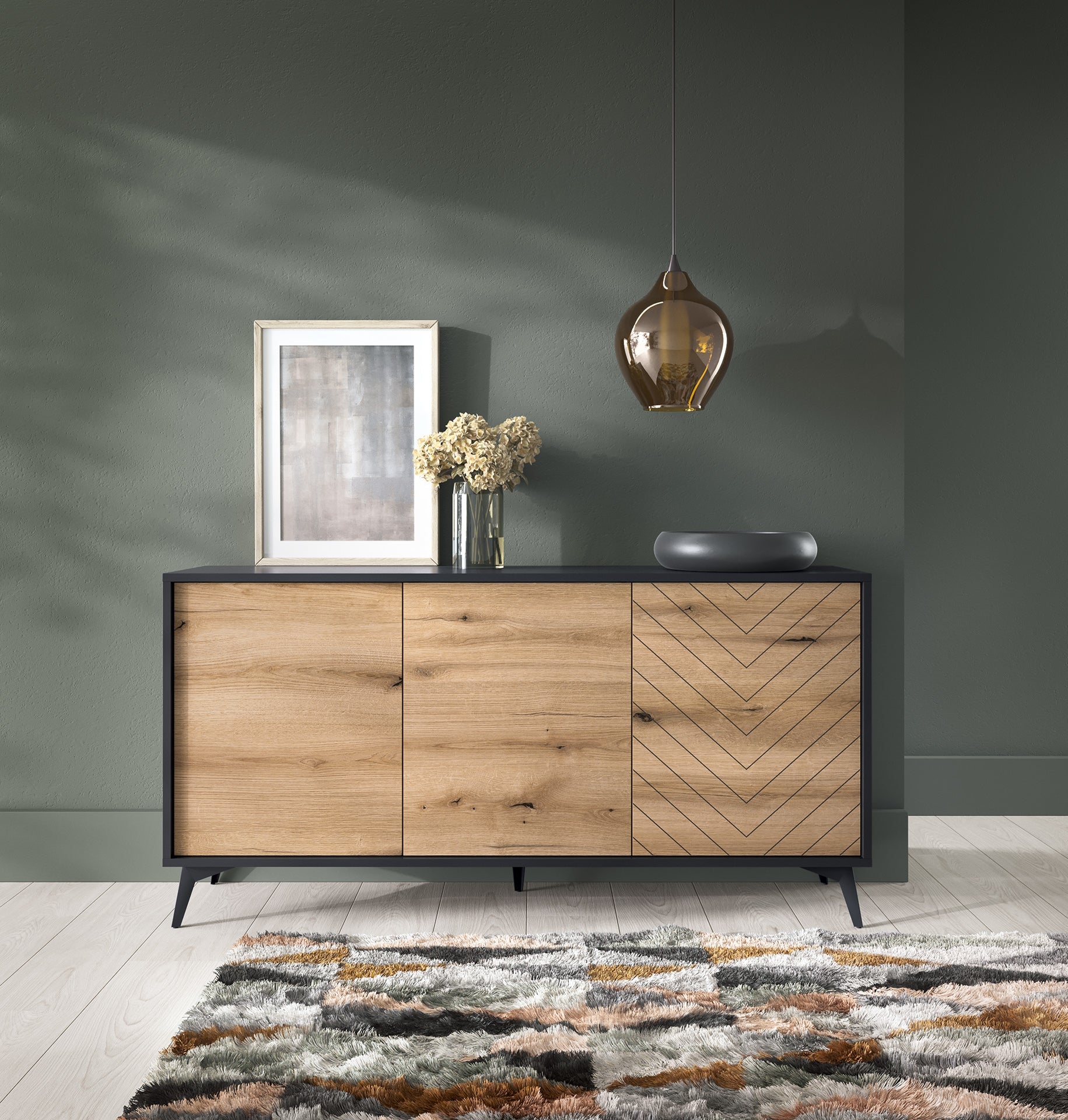 Buffet 3 portes en bois laminé avec pieds en métal Evoke 154x77 cm
