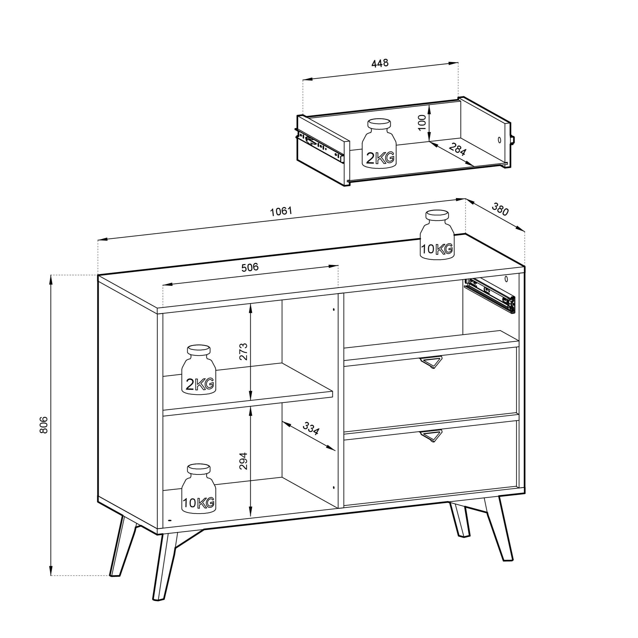 Buffet 1 porte et 3 tiroirs en bois laminé Vanity 106x80 cm