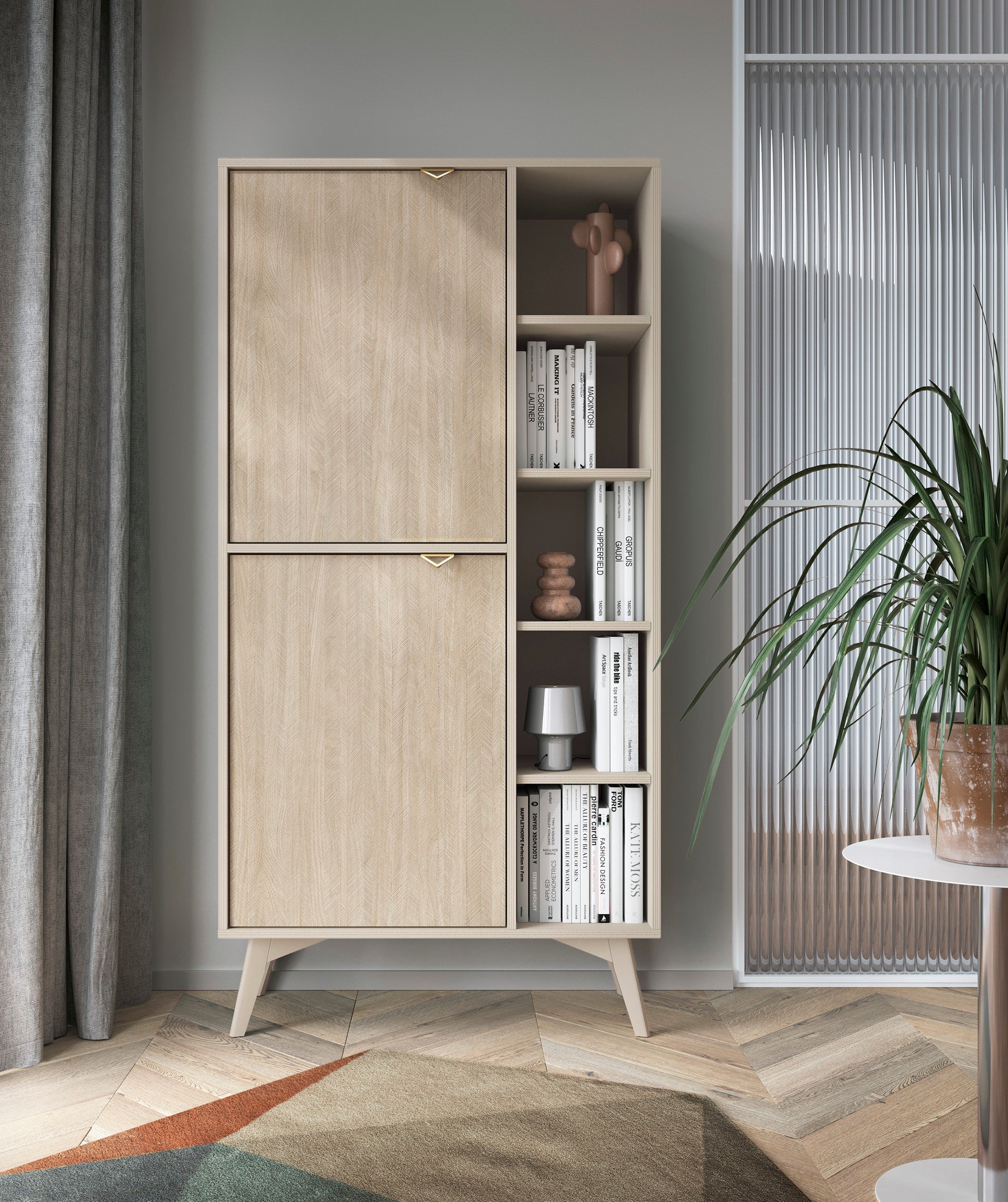 Buffet 2 portes 5 étagères ouvertes en bois laminé Vanity 80x160 cm