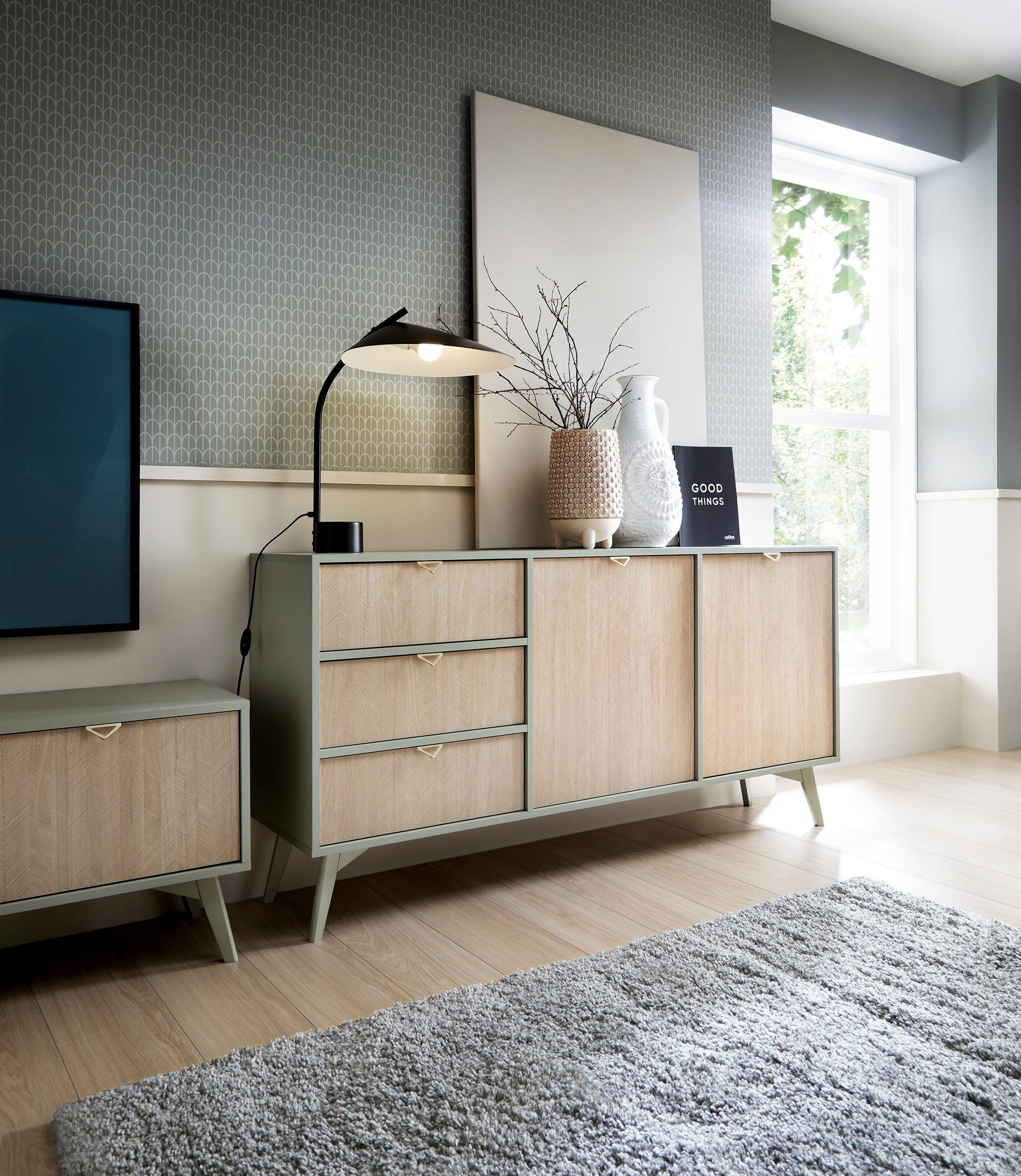 Buffet 2 portes et 3 tiroirs en bois laminé Vanity 158x80 cm