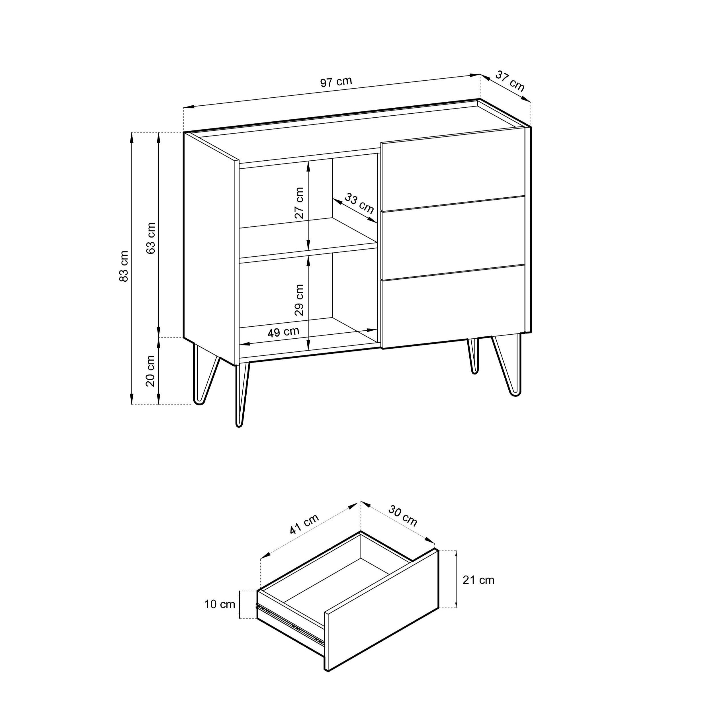 Buffet 1 porte 3 tiroirs avec plateau effet marbre Margo 97x83 cm