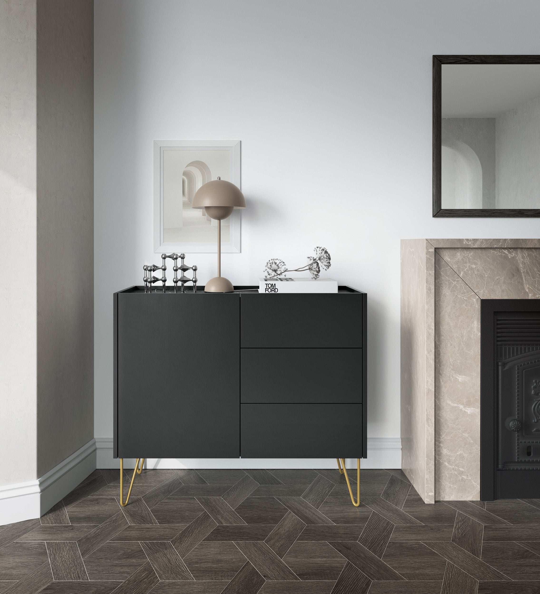 Buffet 1 porte 3 tiroirs avec plateau effet marbre Margo 97x83 cm