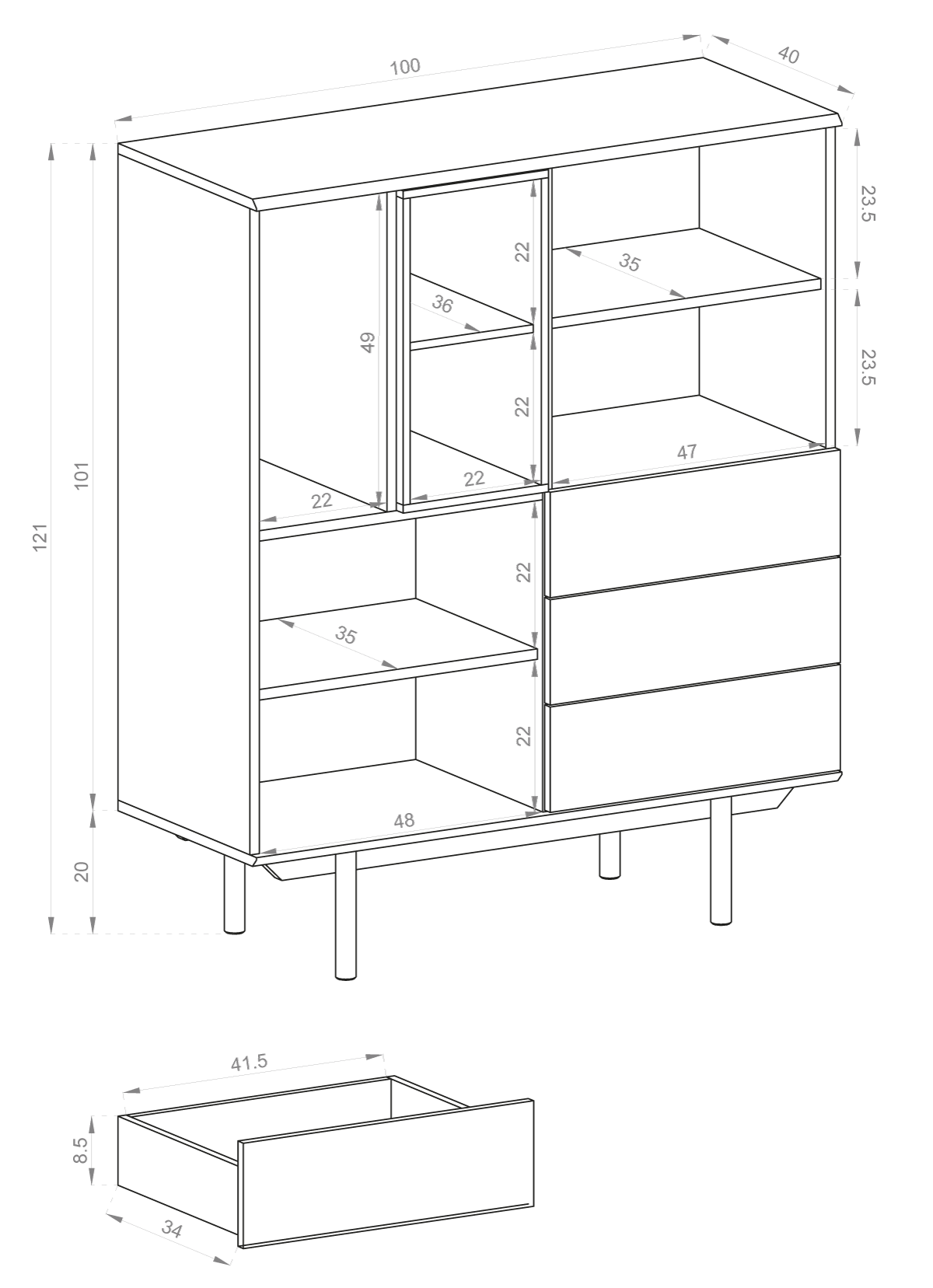 Buffet 3 portes 3 tiroirs et pieds en bois laminé gris Fogliano 100x121 cm