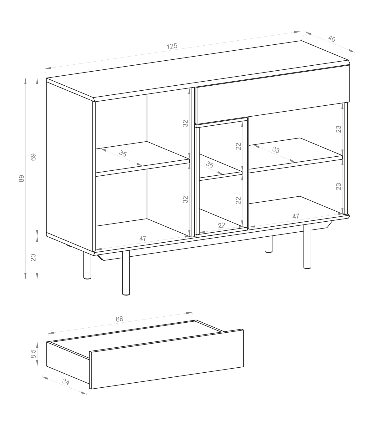 Buffet 3 portes 1 tiroir et pieds en bois laminé gris Fogliano 125x40 cm