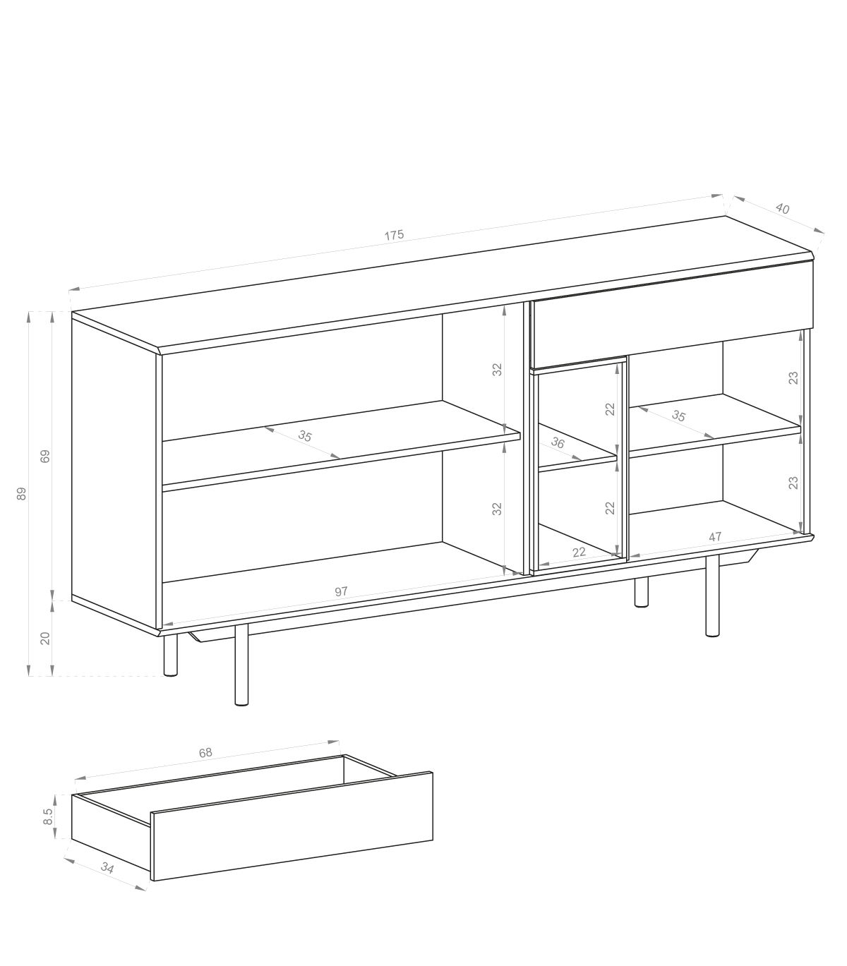 Buffet 3 portes 1 tiroir et pieds en bois laminé gris Fogliano 175x40 cm