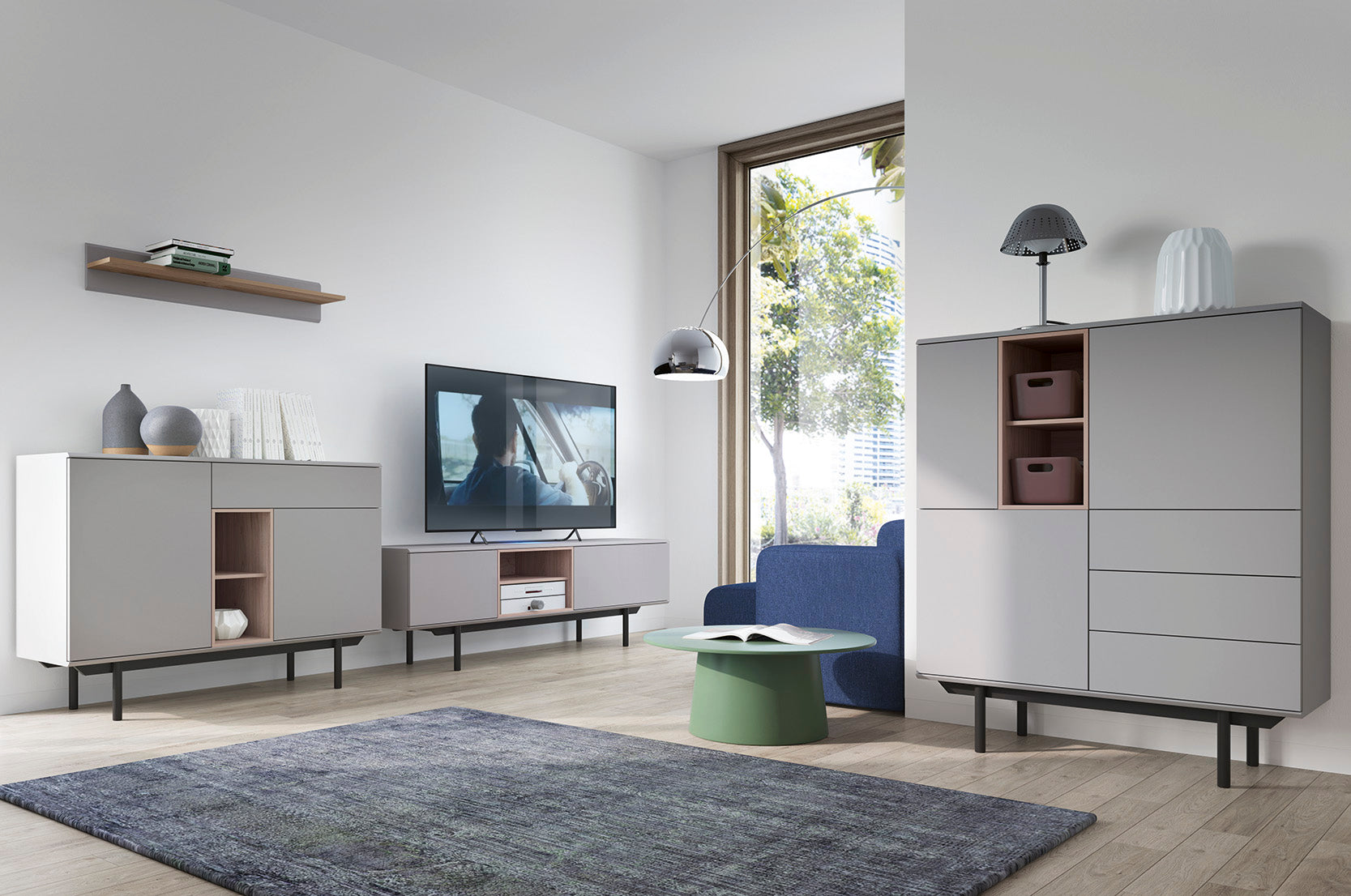 Meuble TV 2 portes et pieds en bois laminé gris Fogliano 150x40 cm