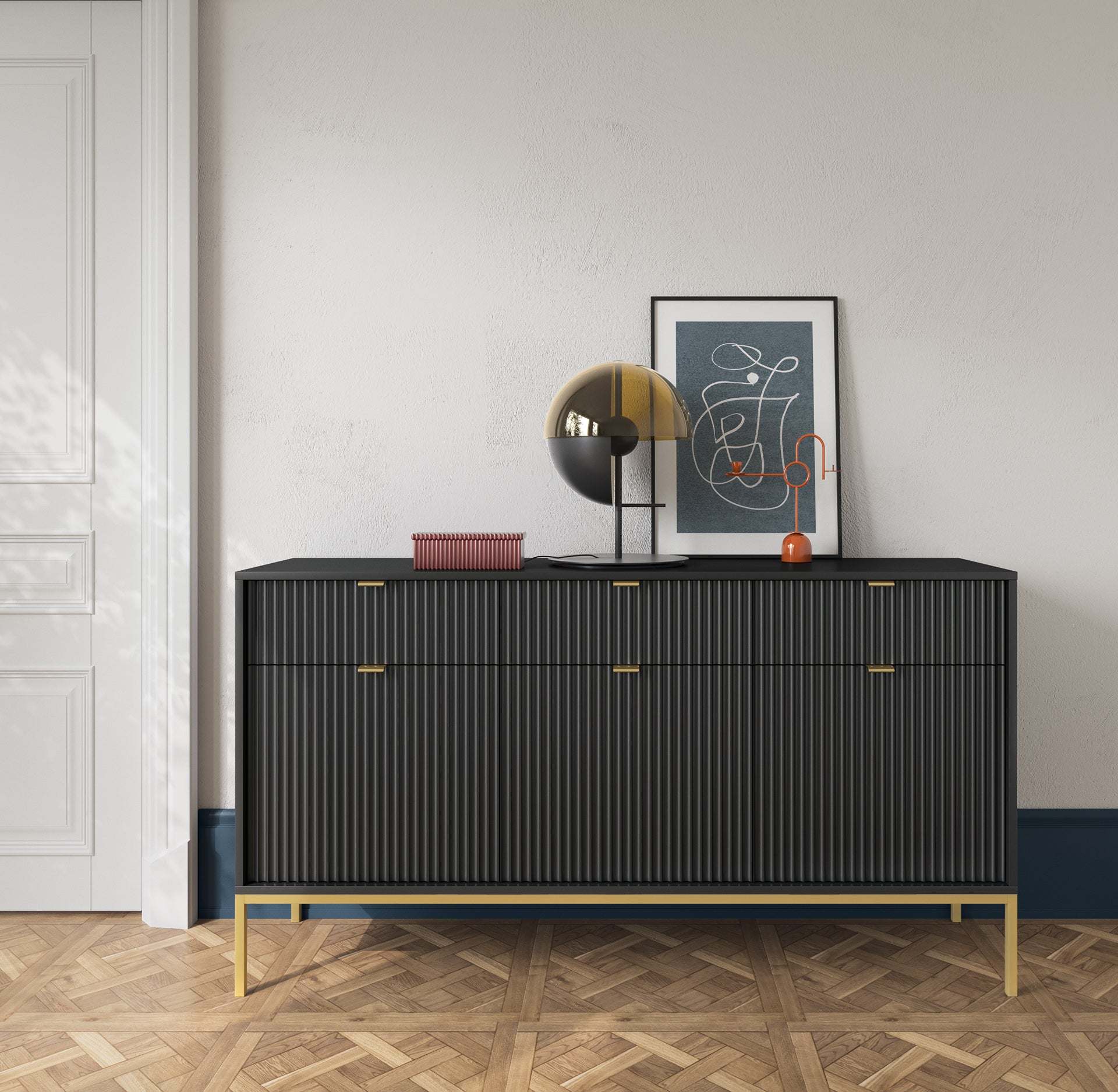 Buffet avec pieds en métal 3 portes et 3 tiroirs en bois laminé Miseno 154x83 cm