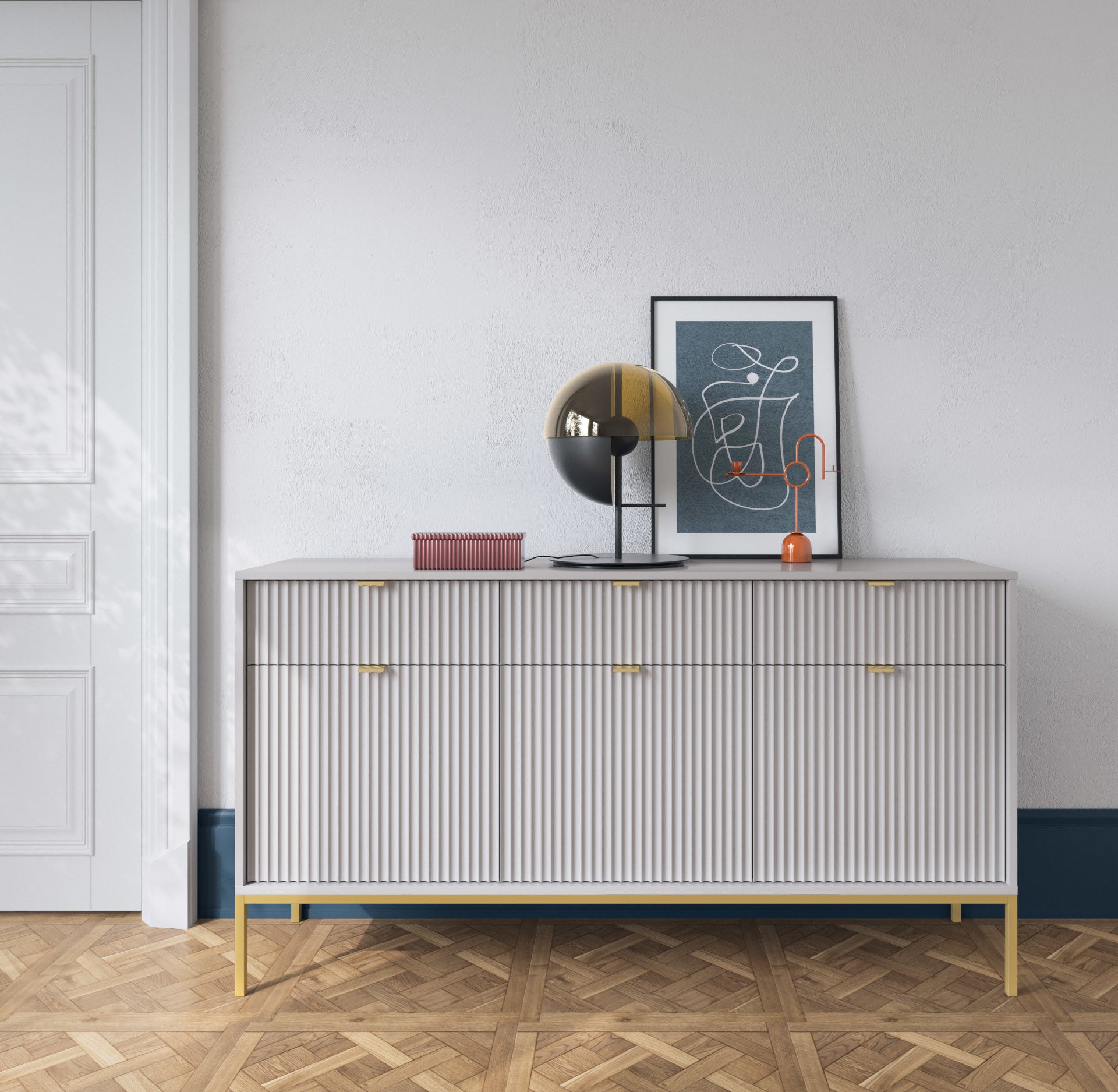 Buffet avec pieds en métal 3 portes et 3 tiroirs en bois laminé Miseno 154x83 cm