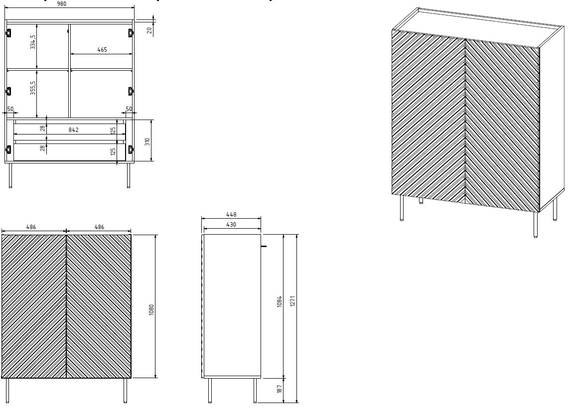Buffet 2 portes 2 tiroirs avec pied en métal Rêve 98x127 cm