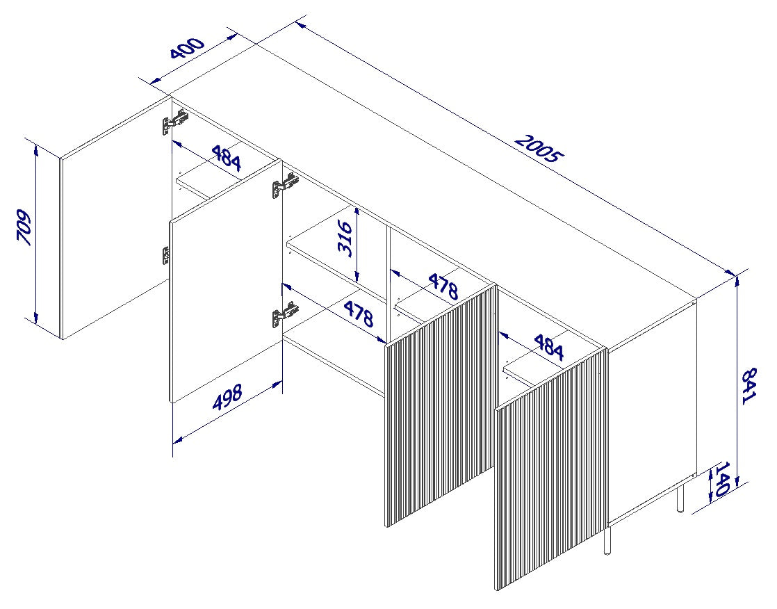 Buffet 4 portes avec pied en métal Bijou 200x82 cm