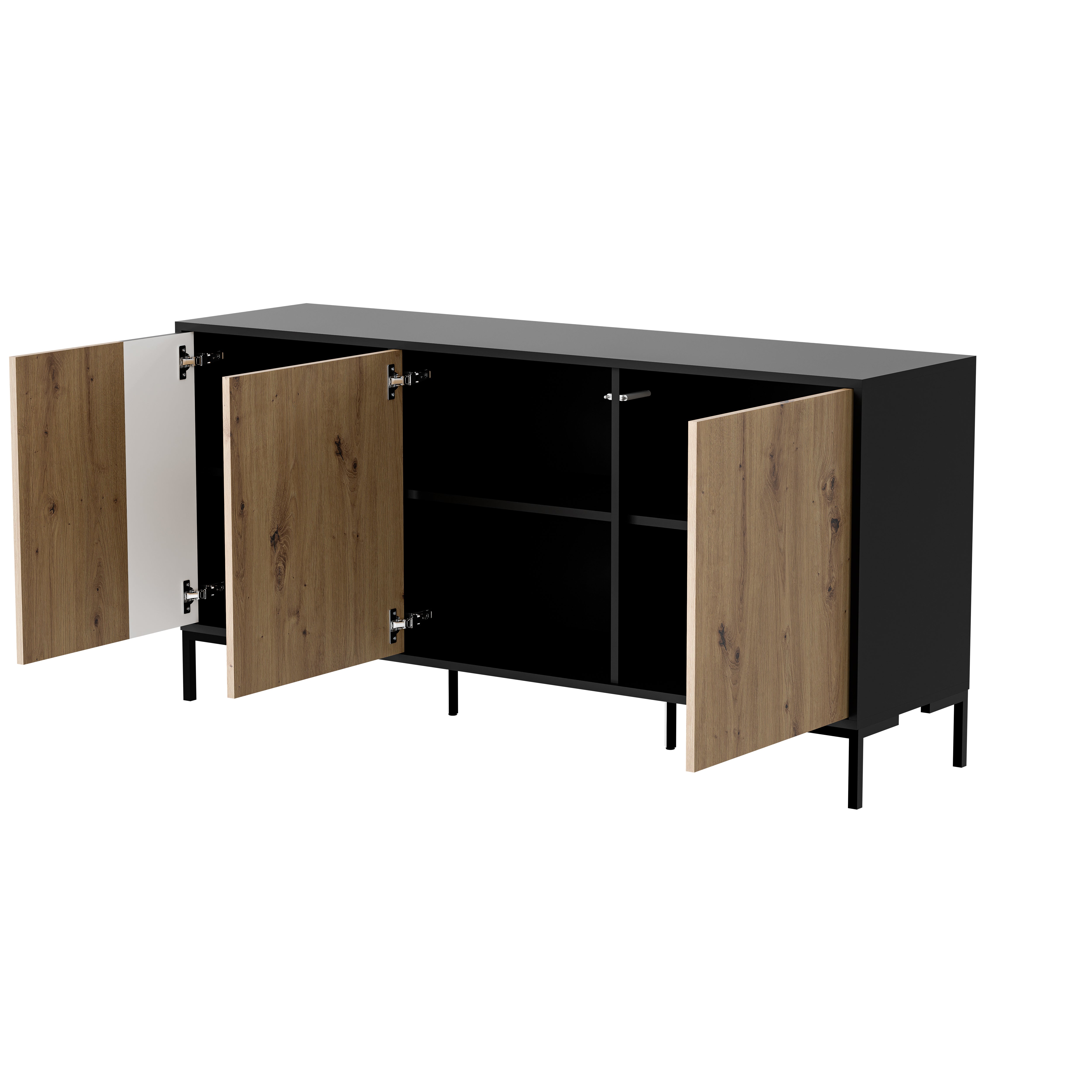 Buffet 3 portes avec pied en métal noir mat/chêne écrin 151x74 cm