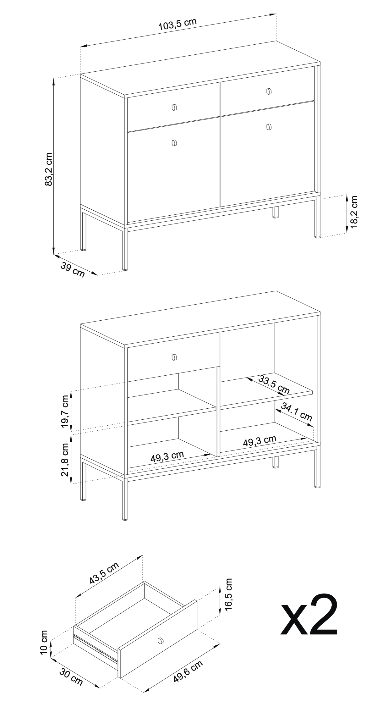Buffet 2 portes 2 tiroirs et pieds en bois laminé bleu Canterno 104x39 cm