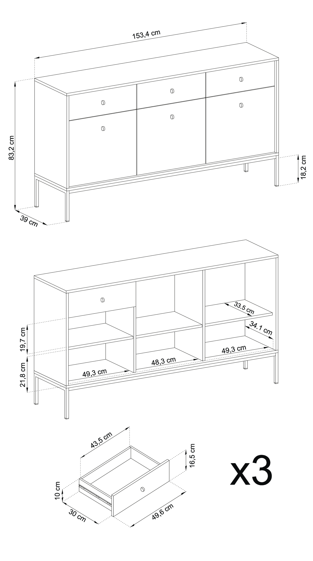 Buffet 3 portes 3 tiroirs et pieds en bois laminé bleu Canterno 154x39 cm