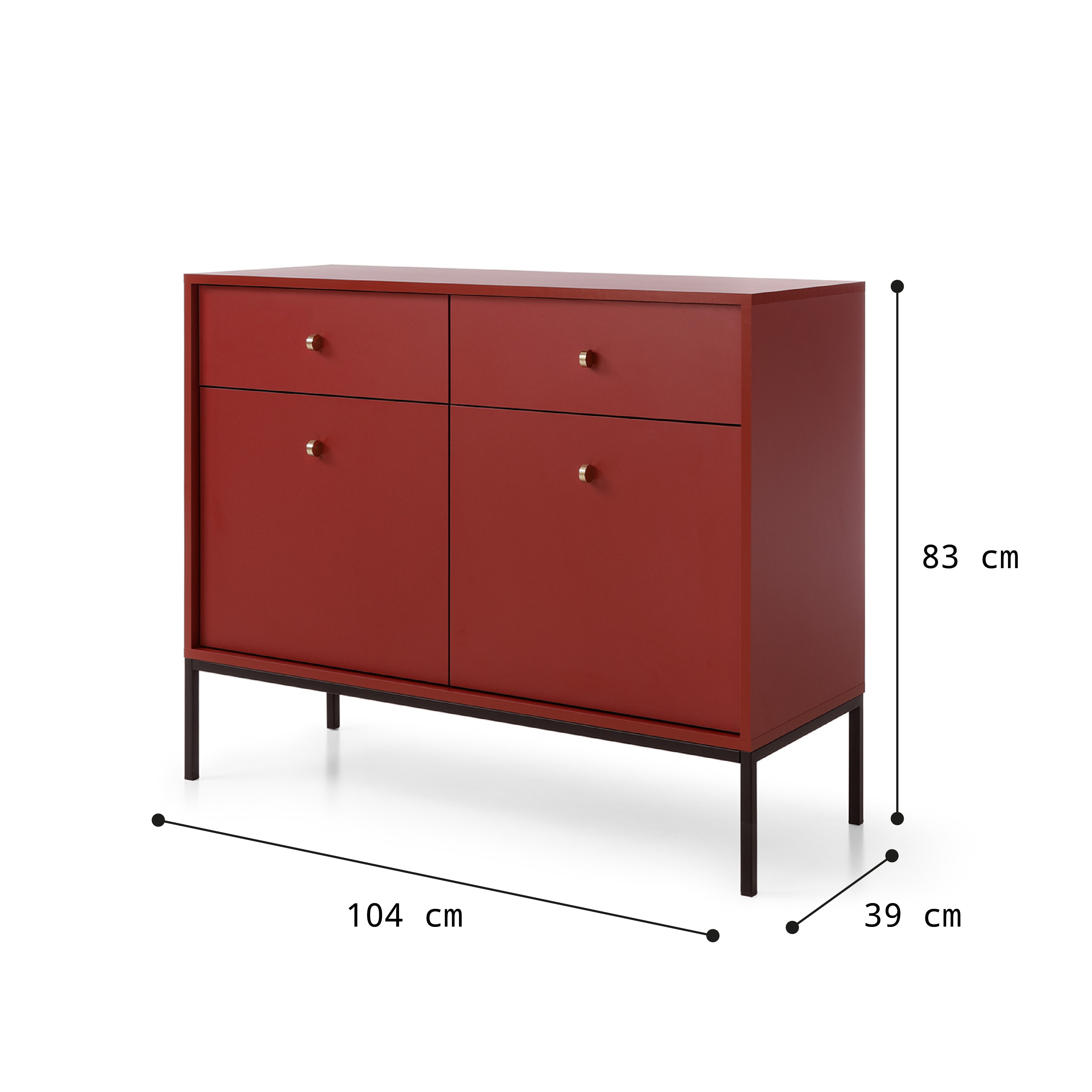 Buffet 2 portes 2 tiroirs et pieds en bois laminé bordeaux Canterno 104x39 cm