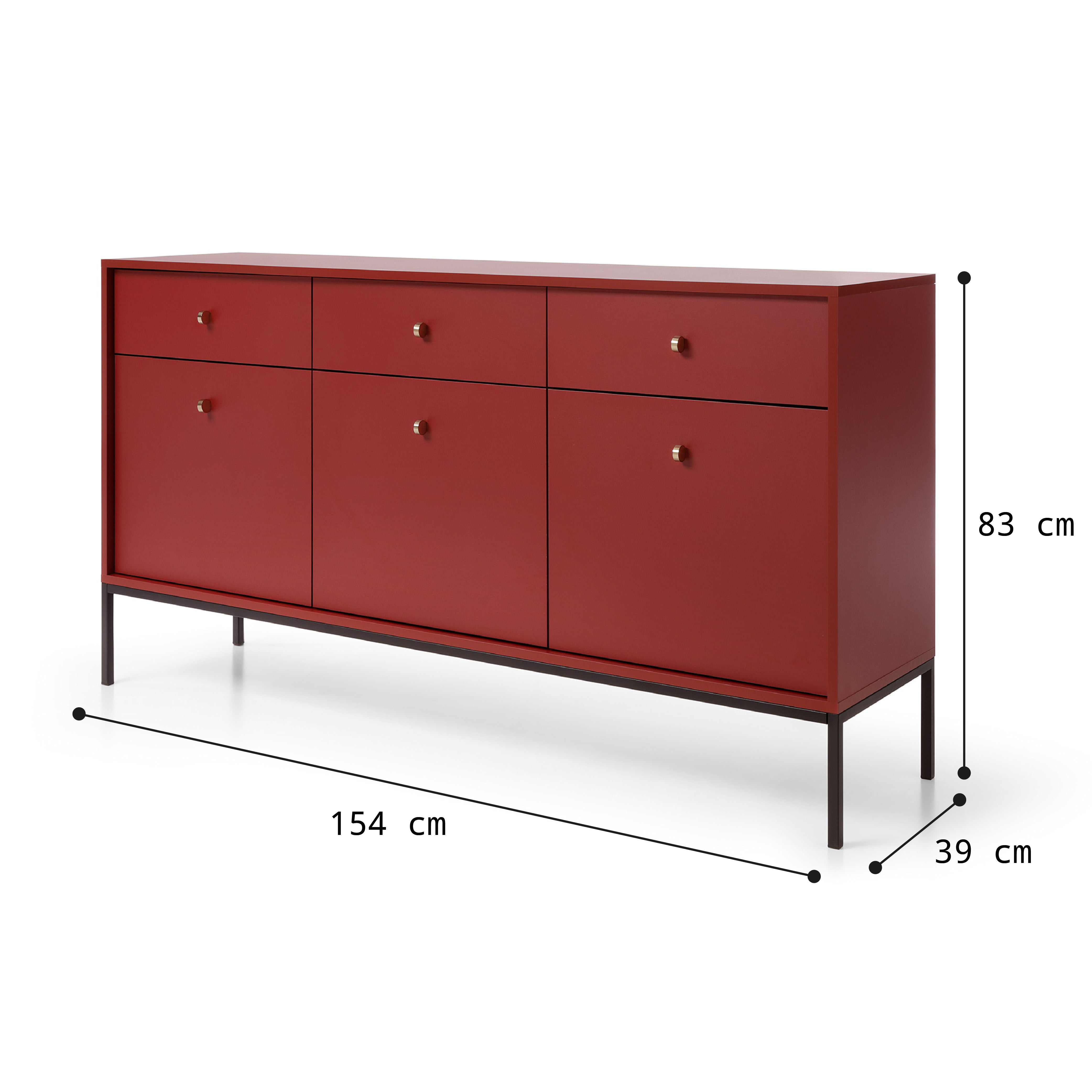 Buffet 3 portes 3 tiroirs et pieds en bois laminé Canterno 154x39 cm