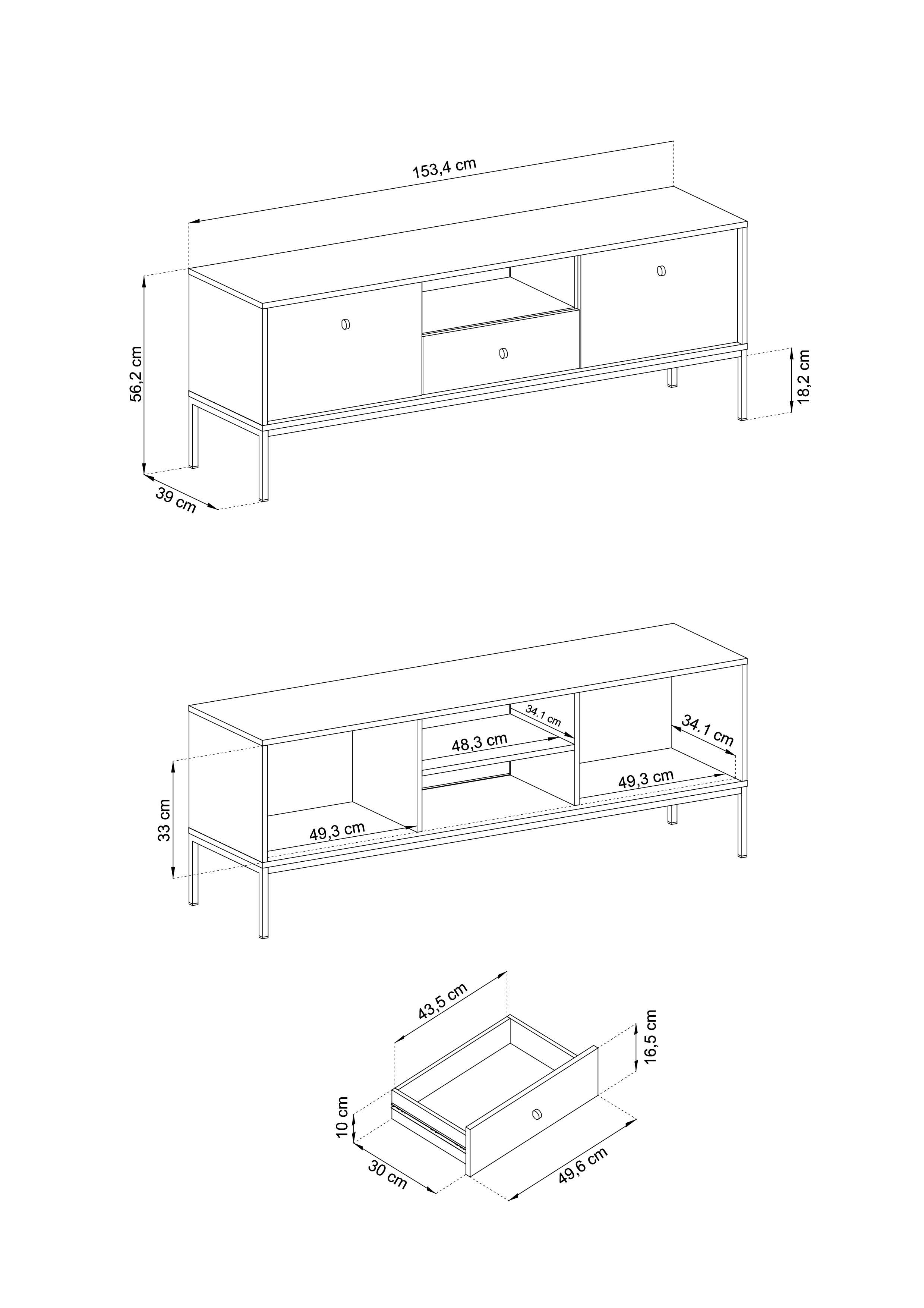 Meuble TV avec pieds en métal 2 portes 1 tiroir en bois laminé Canterno 154x56 cm