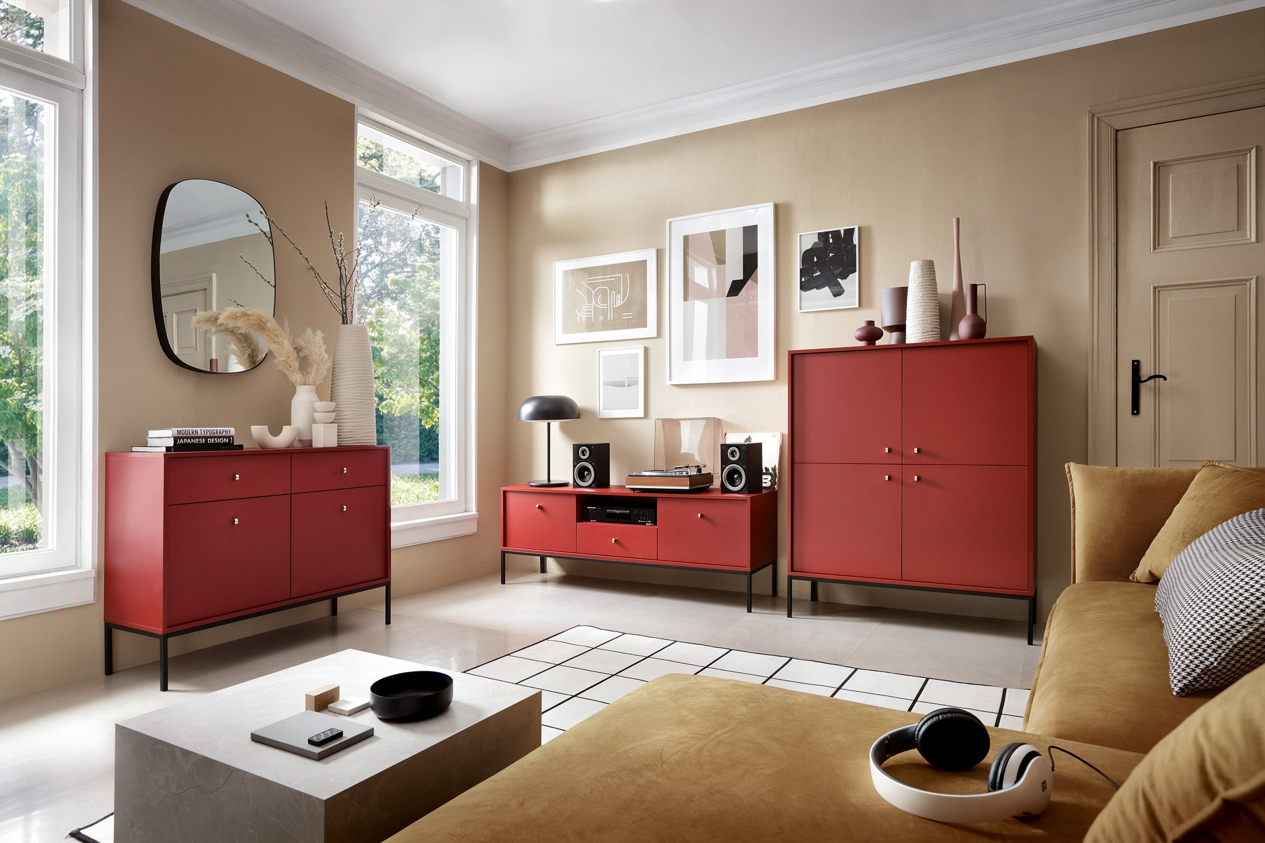 Buffet 2 portes 2 tiroirs et pieds en bois laminé bordeaux Canterno 104x39 cm
