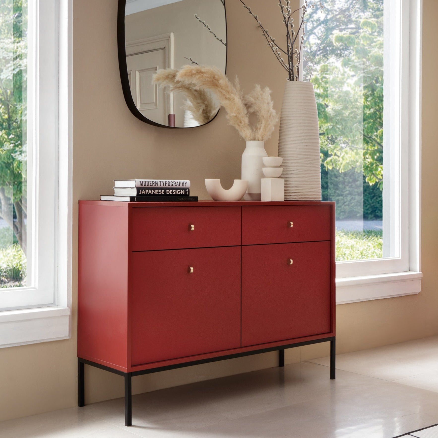 Buffet 2 portes 2 tiroirs et pieds en bois laminé bordeaux Canterno 104x39 cm