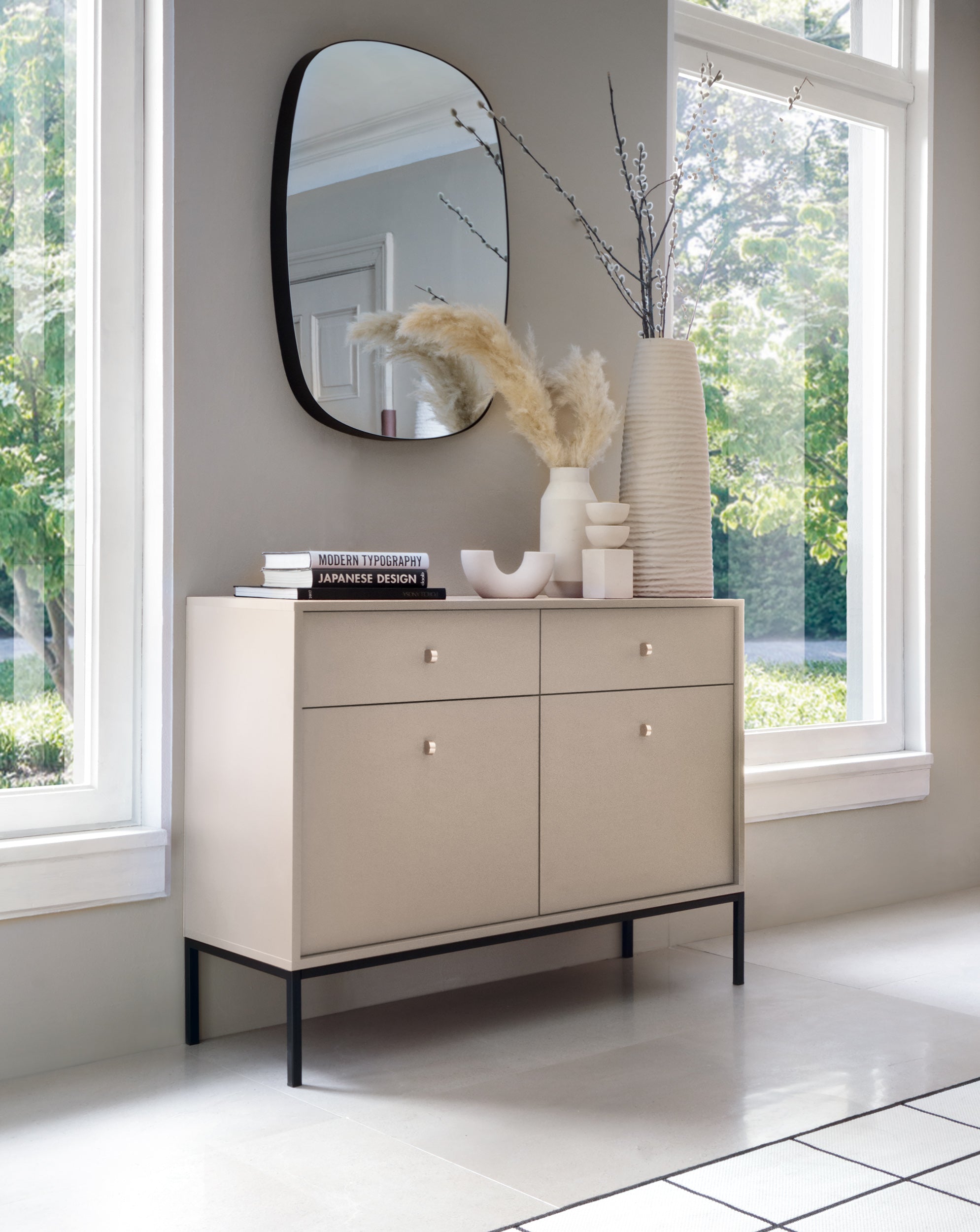 Buffet 2 portes 2 tiroirs et pieds en bois laminé beige Canterno 104x39 cm