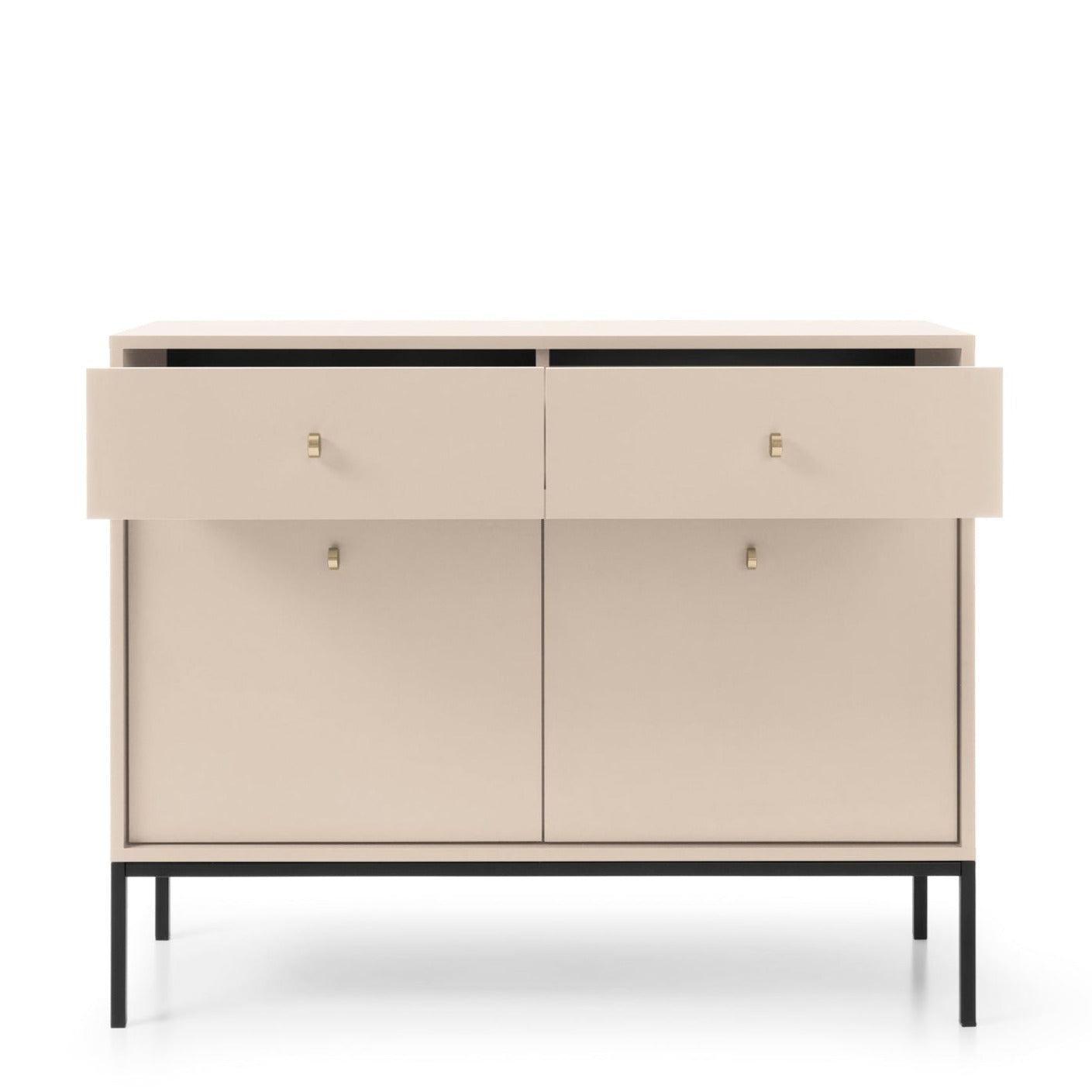 Buffet 2 portes 2 tiroirs et pieds en bois laminé beige Canterno 104x39 cm