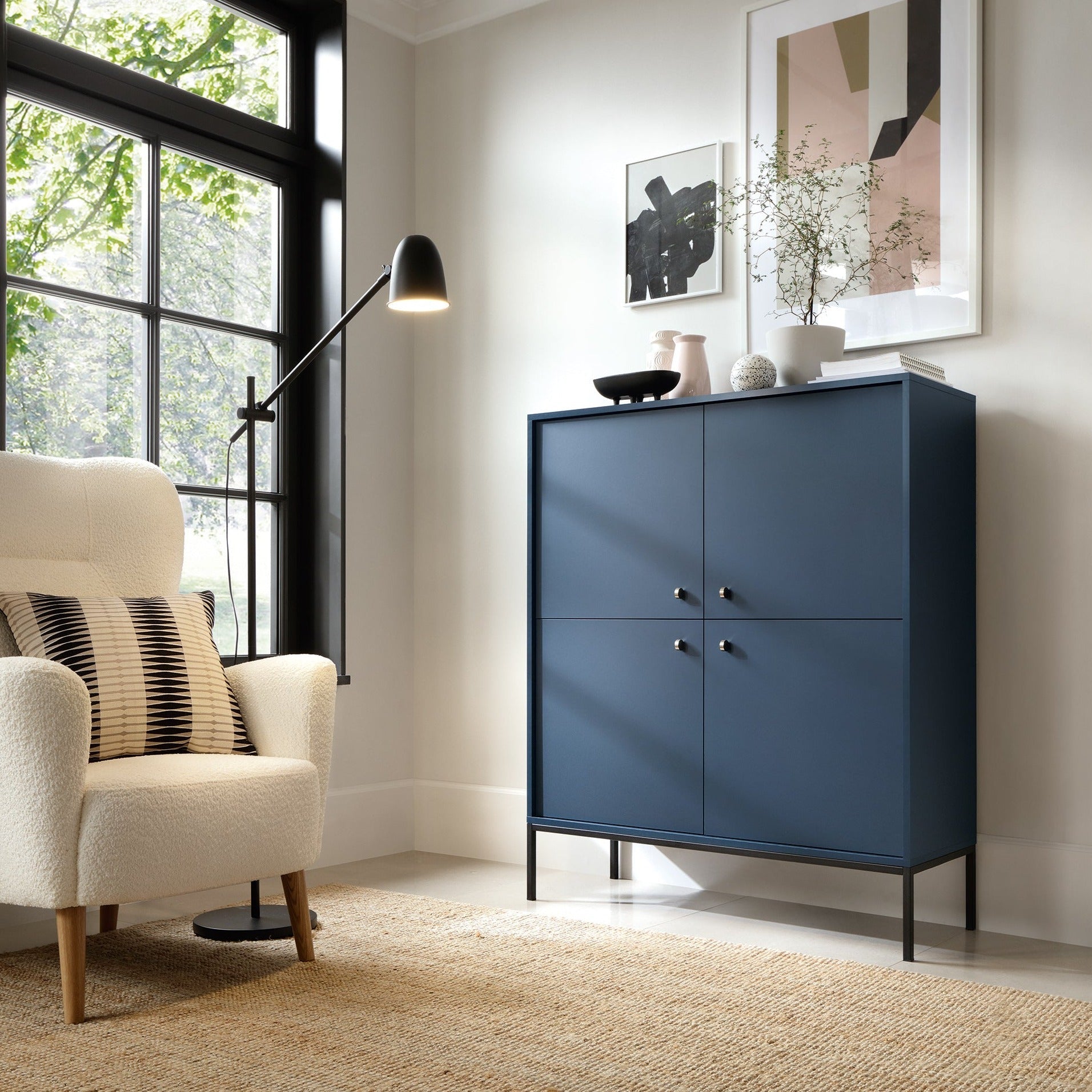 Buffet 4 portes et pieds en bois laminé bleu Canterno 104x125 cm