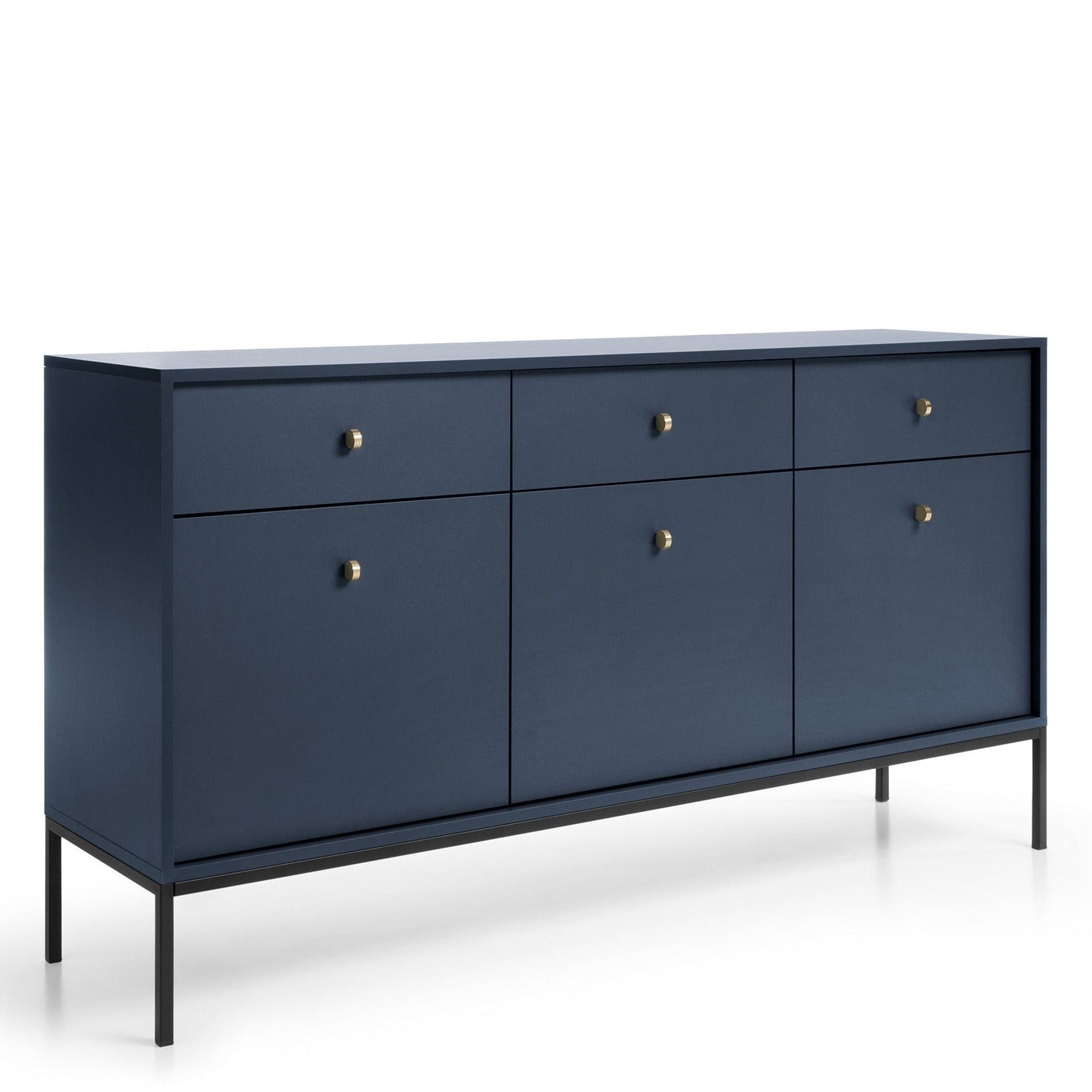 Buffet 3 portes 3 tiroirs et pieds en bois laminé bleu Canterno 154x39 cm