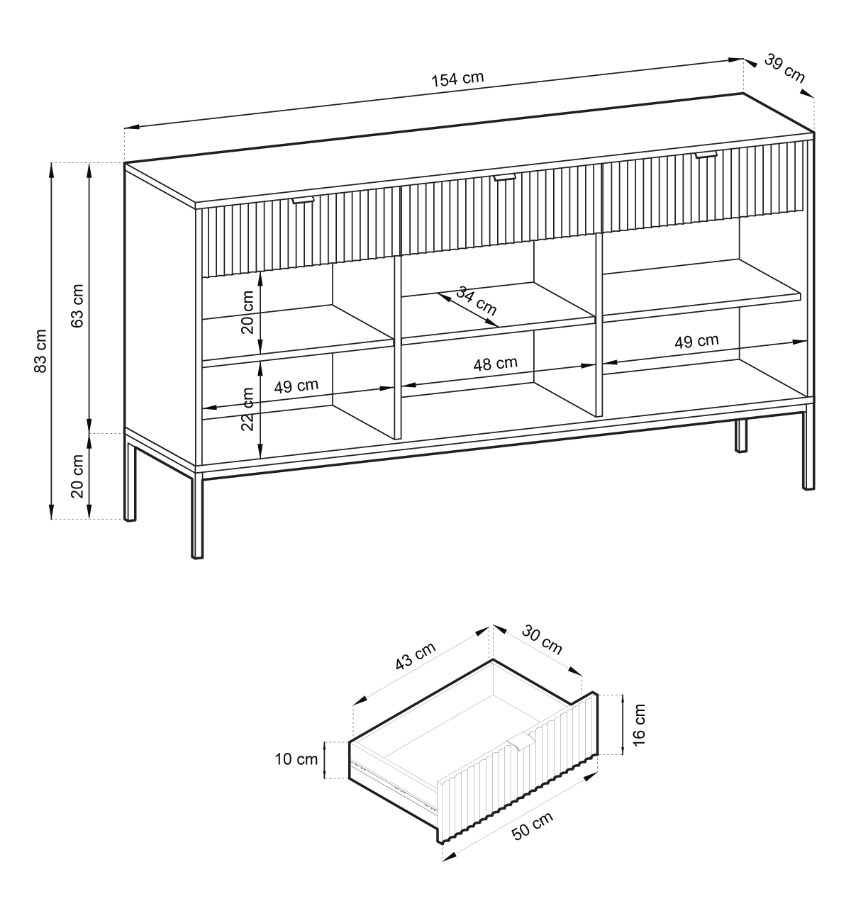 Buffet 3 portes 3 tiroirs en bois laminé avec pieds en métal noir Miseno 154x83 cm