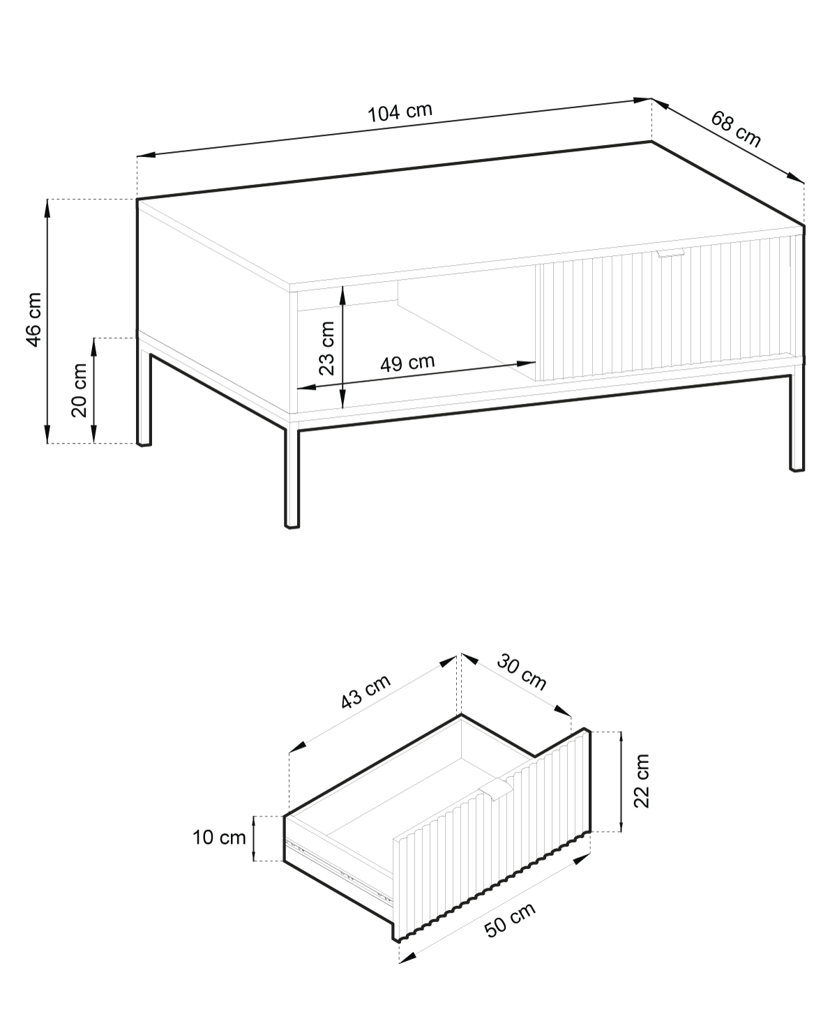 Table basse 1 tiroir 1 compartiment et pieds en métal en bois laminé gris Miseno 104x68 cm