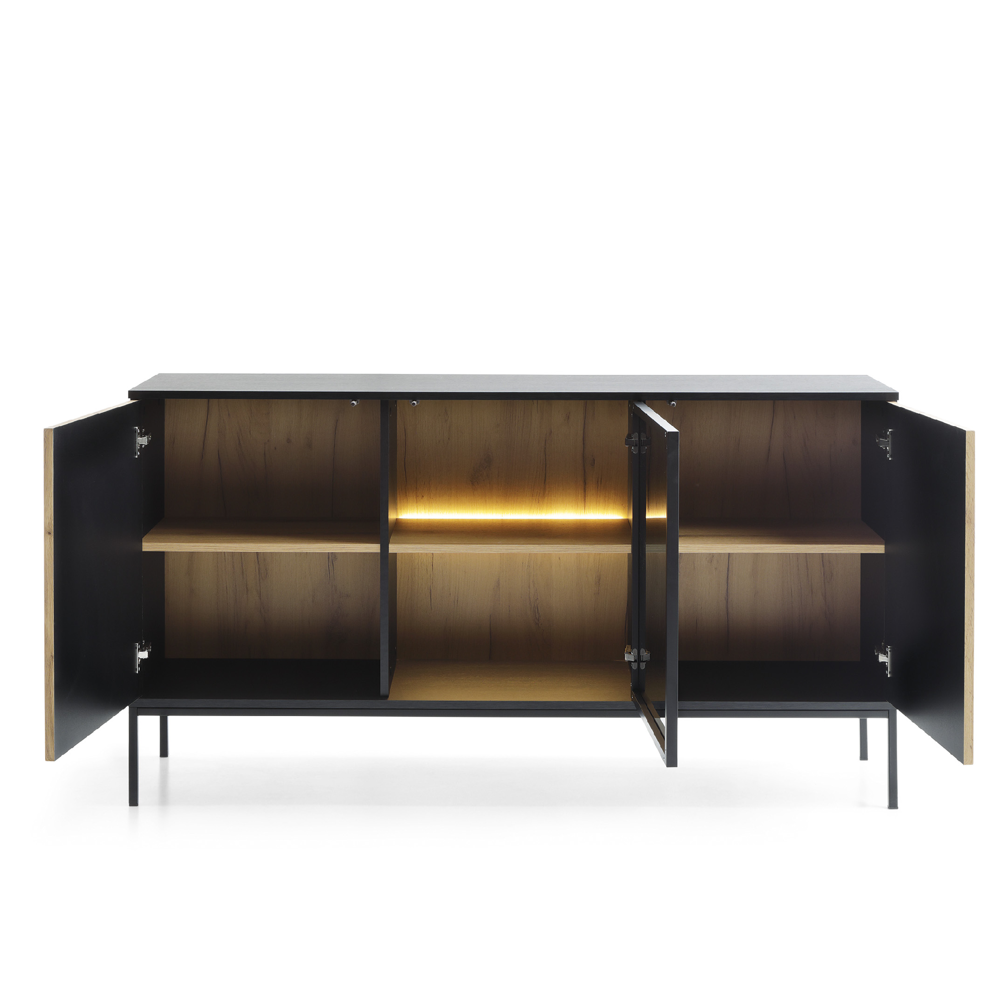 Buffet 3 portes avec LED intégrées noir et chêne Aura 154x83 cm