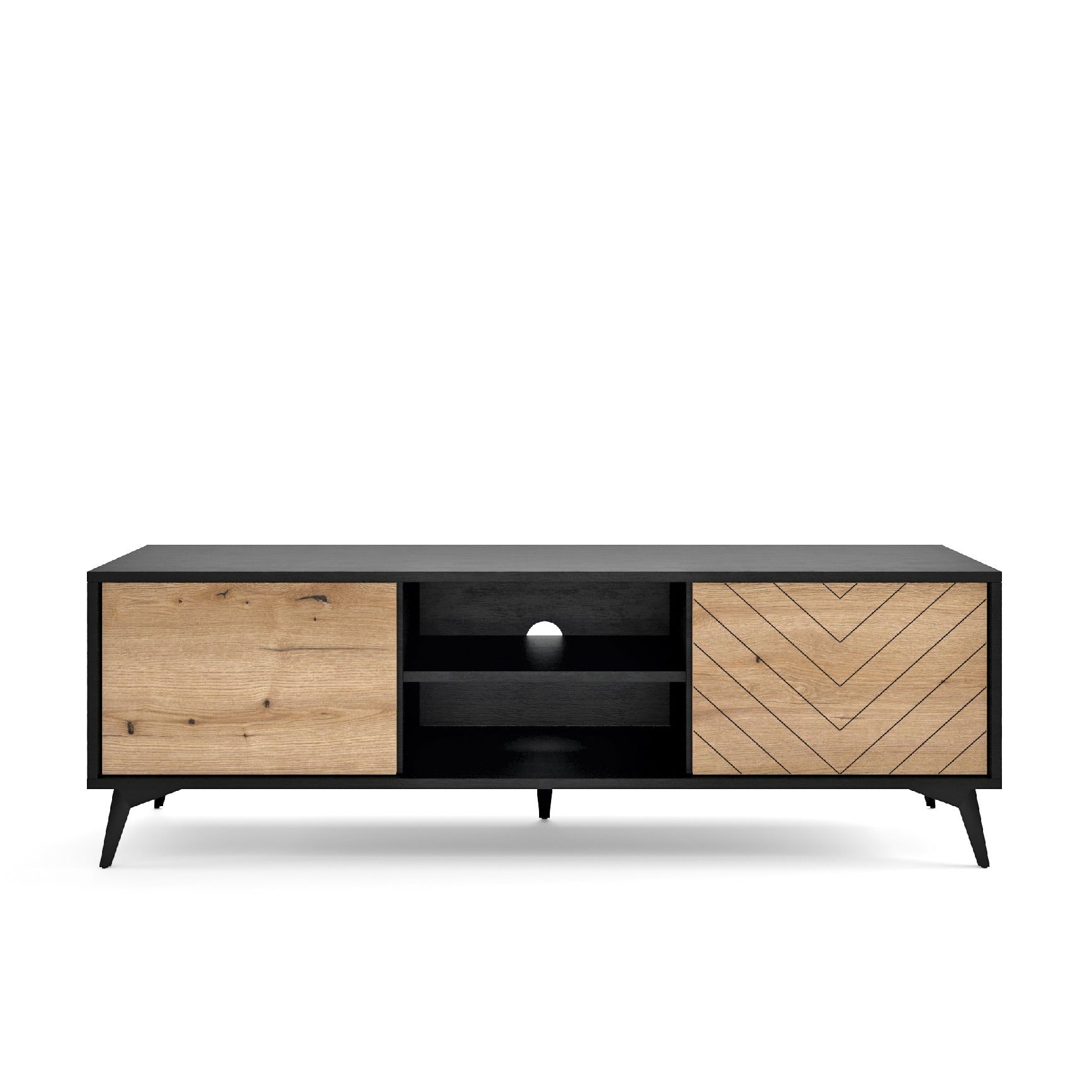 Meuble TV 2 portes 2 étagères en bois laminé avec pieds en métal Evoke 154x50 cm