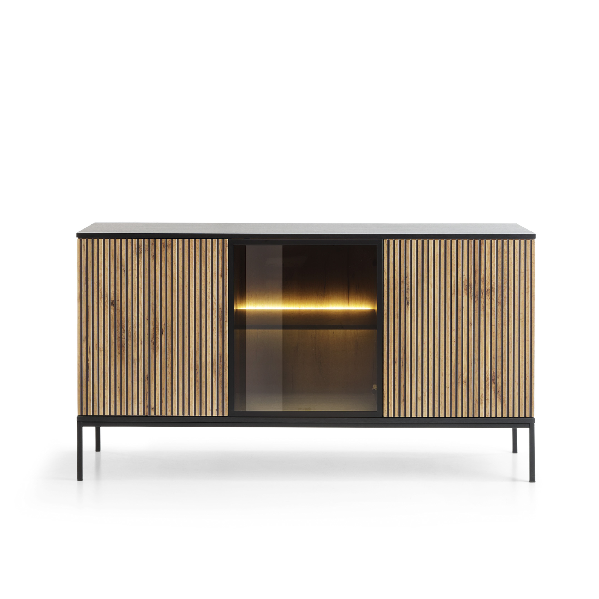 Buffet 3 portes avec LED intégrées noir et chêne Aura 154x83 cm