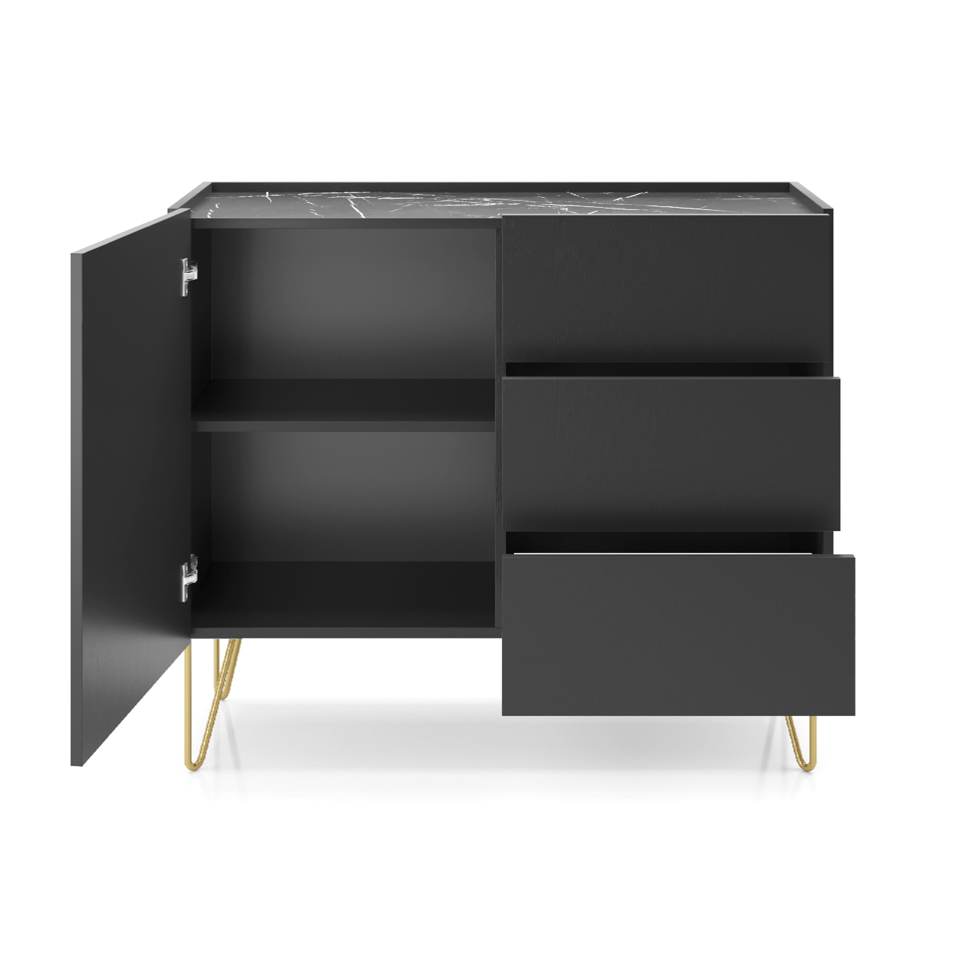 Buffet 1 porte 3 tiroirs avec plateau effet marbre Margo 97x83 cm