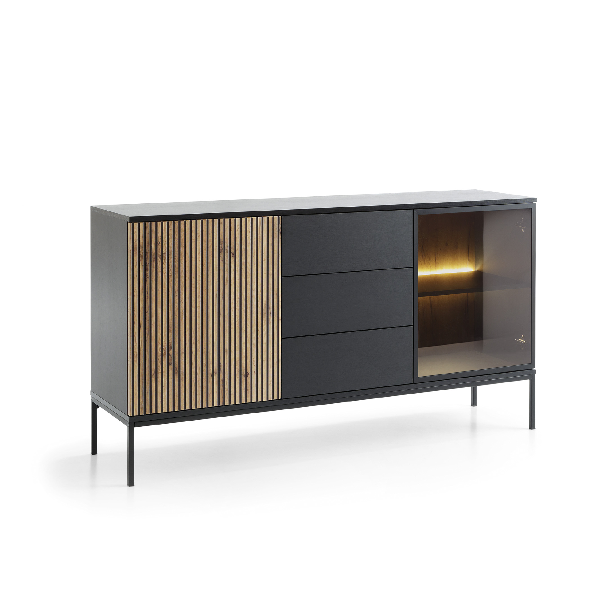Buffet 2 portes 3 tiroirs avec LED intégrées noir et chêne Aura 154x83 cm