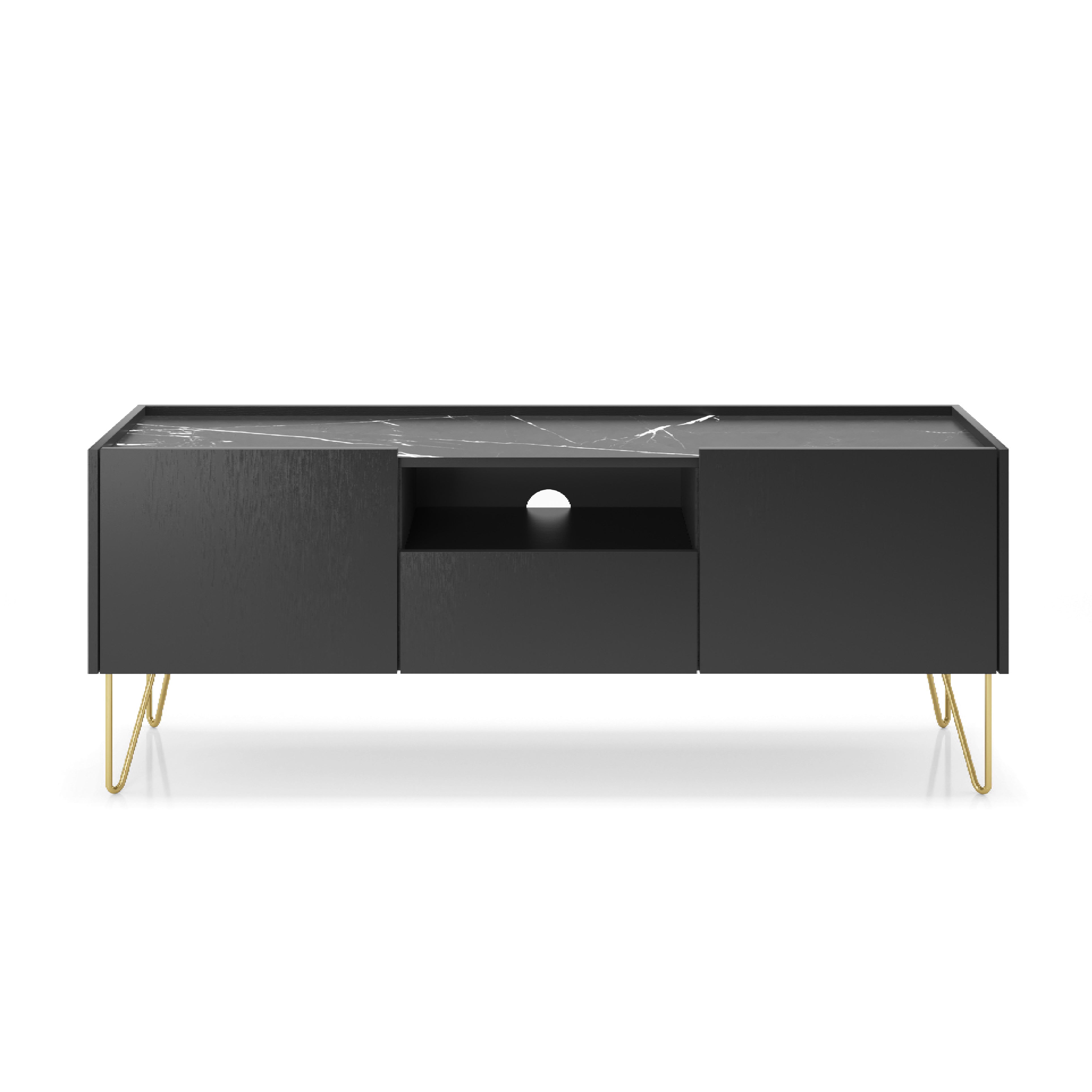 Meuble TV 2 portes 1 tiroir avec plateau effet marbre Margo 144x55 cm