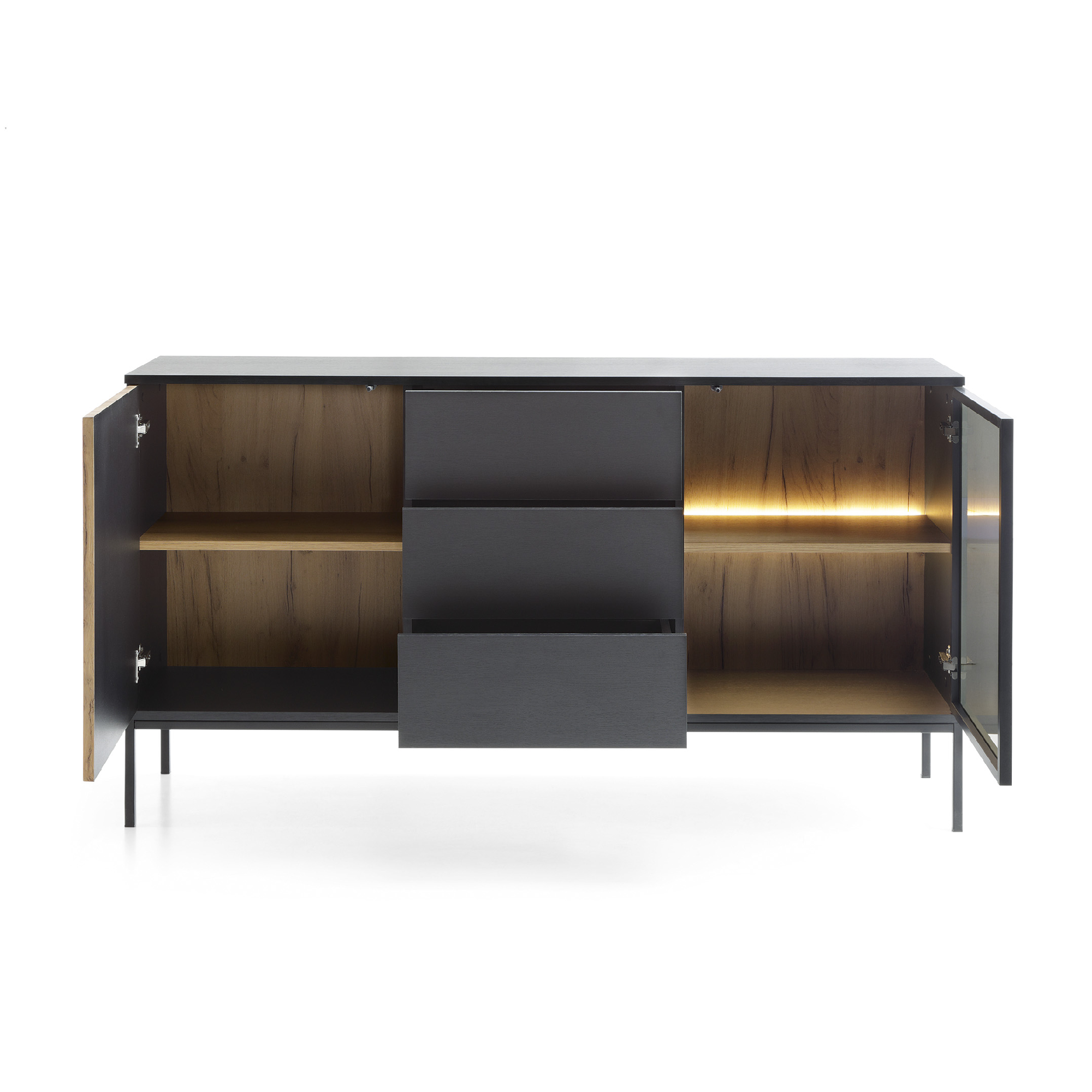 Buffet 2 portes 3 tiroirs avec LED intégrées noir et chêne Aura 154x83 cm
