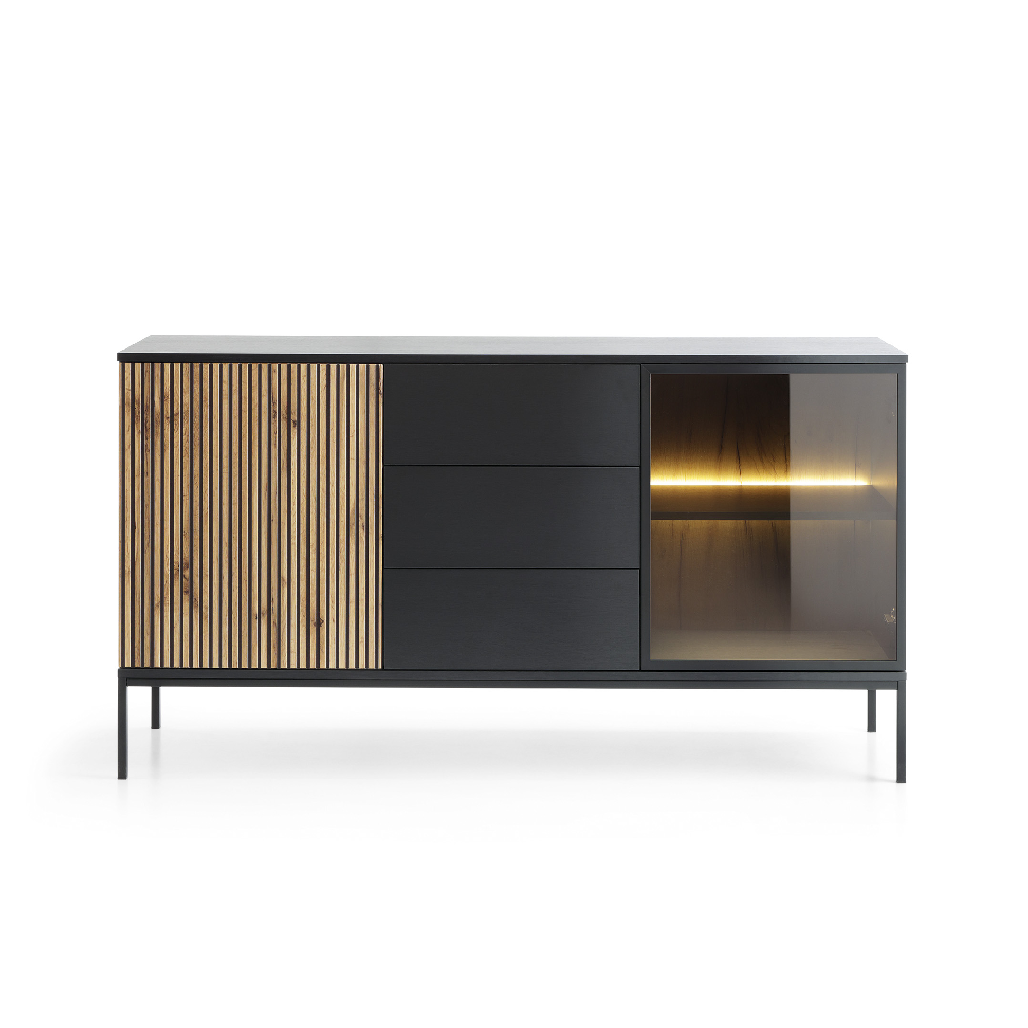 Buffet 2 portes 3 tiroirs avec LED intégrées noir et chêne Aura 154x83 cm