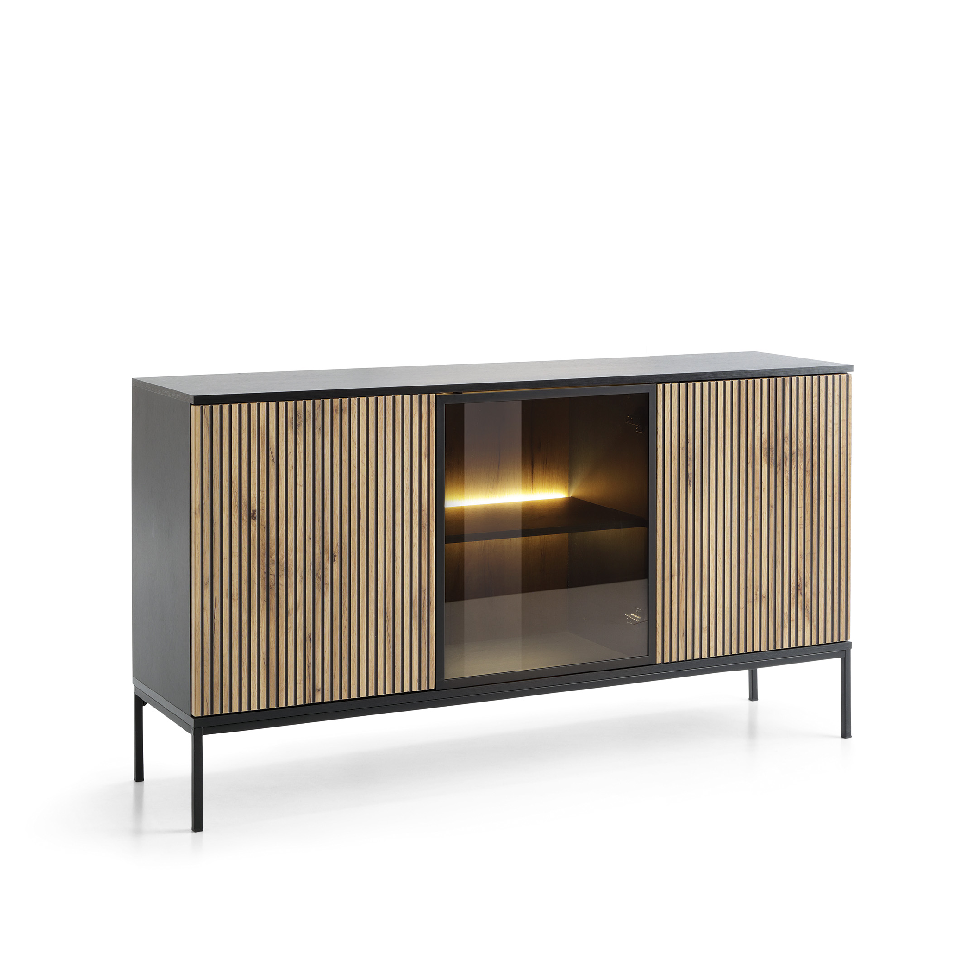 Buffet 3 portes avec LED intégrées noir et chêne Aura 154x83 cm