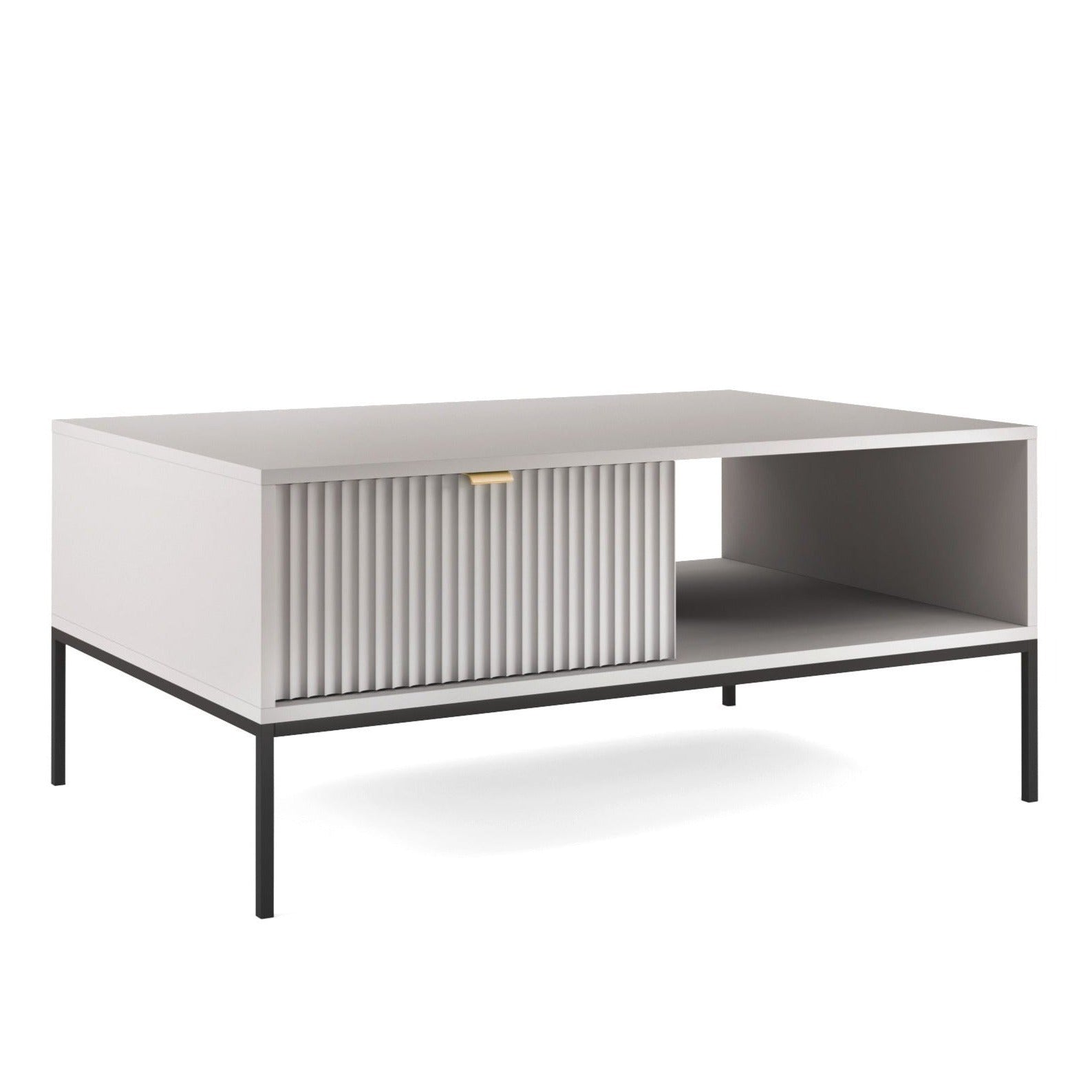 Table basse 1 tiroir 1 compartiment et pieds en métal en bois laminé gris Miseno 104x68 cm