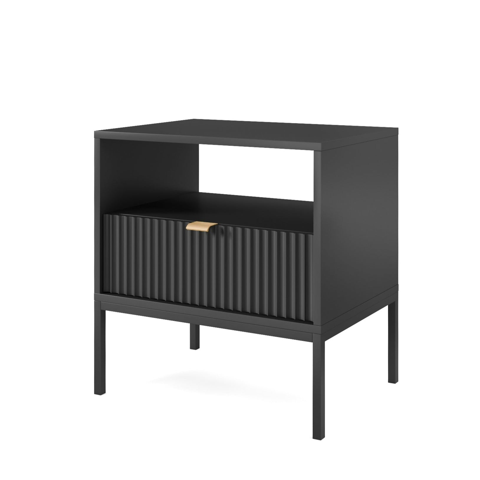 Table de chevet noire 1 tiroir en bois laminé avec pieds en métal Miseno 54x39 cm