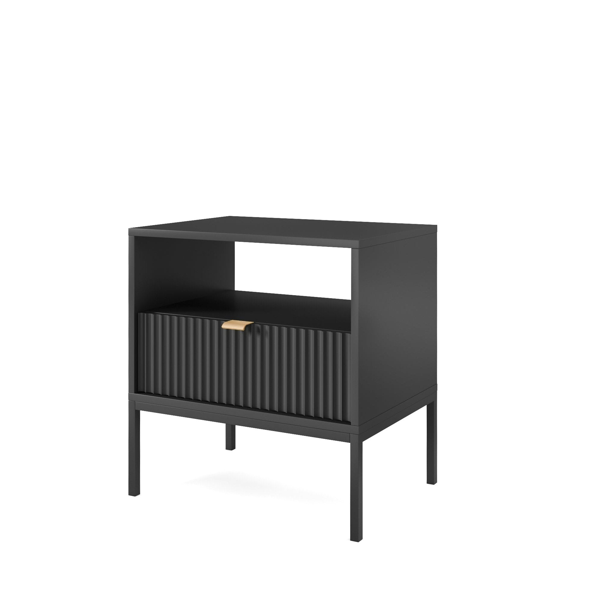 Table de chevet avec pieds en métal et 1 tiroir en bois laminé Miseno 54x56 cm