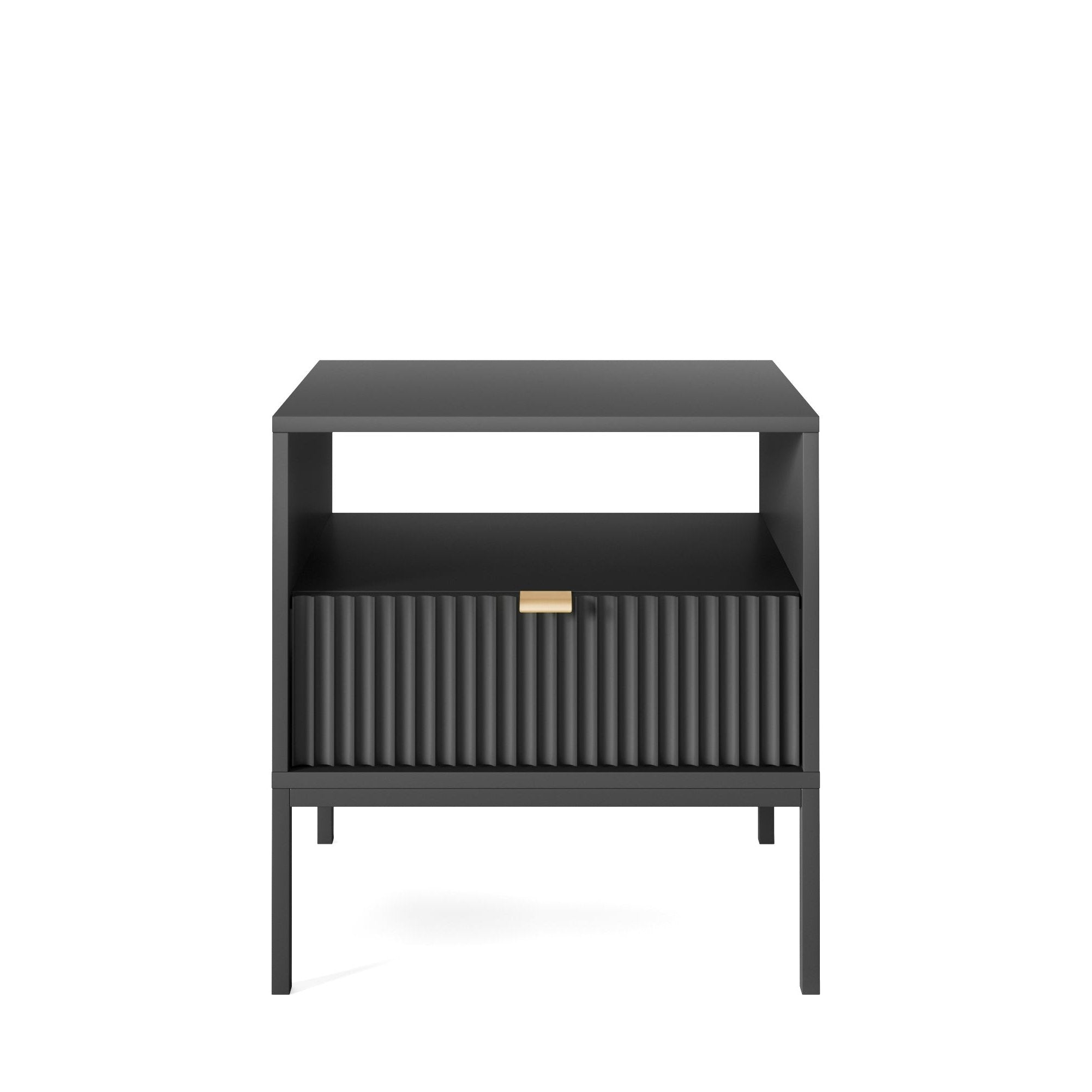 Table de chevet avec pieds en métal et 1 tiroir en bois laminé Miseno 54x56 cm