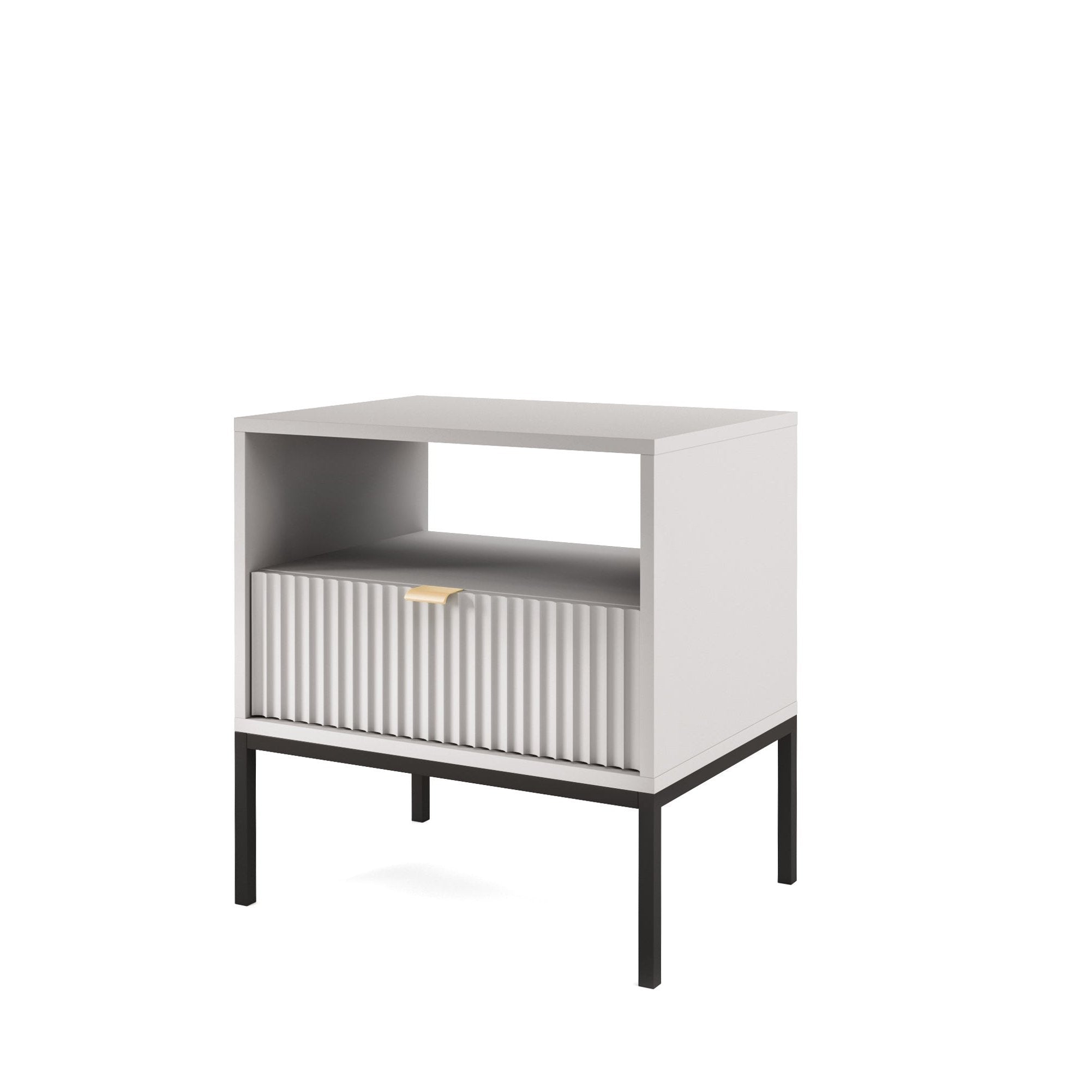 Table de chevet avec pieds en métal et 1 tiroir en bois laminé Miseno 54x56 cm