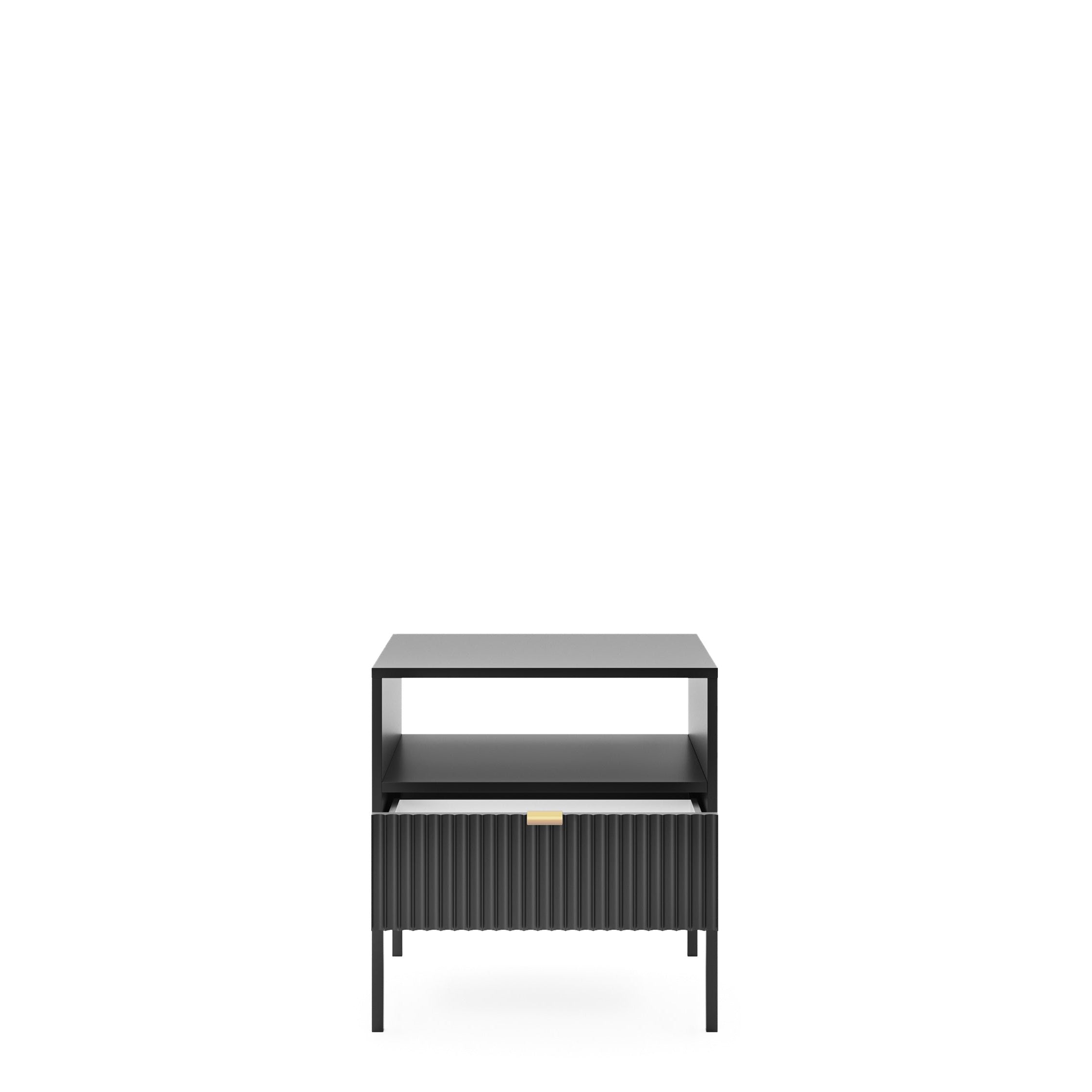 Table de chevet avec pieds en métal et 1 tiroir en bois laminé Miseno 54x56 cm